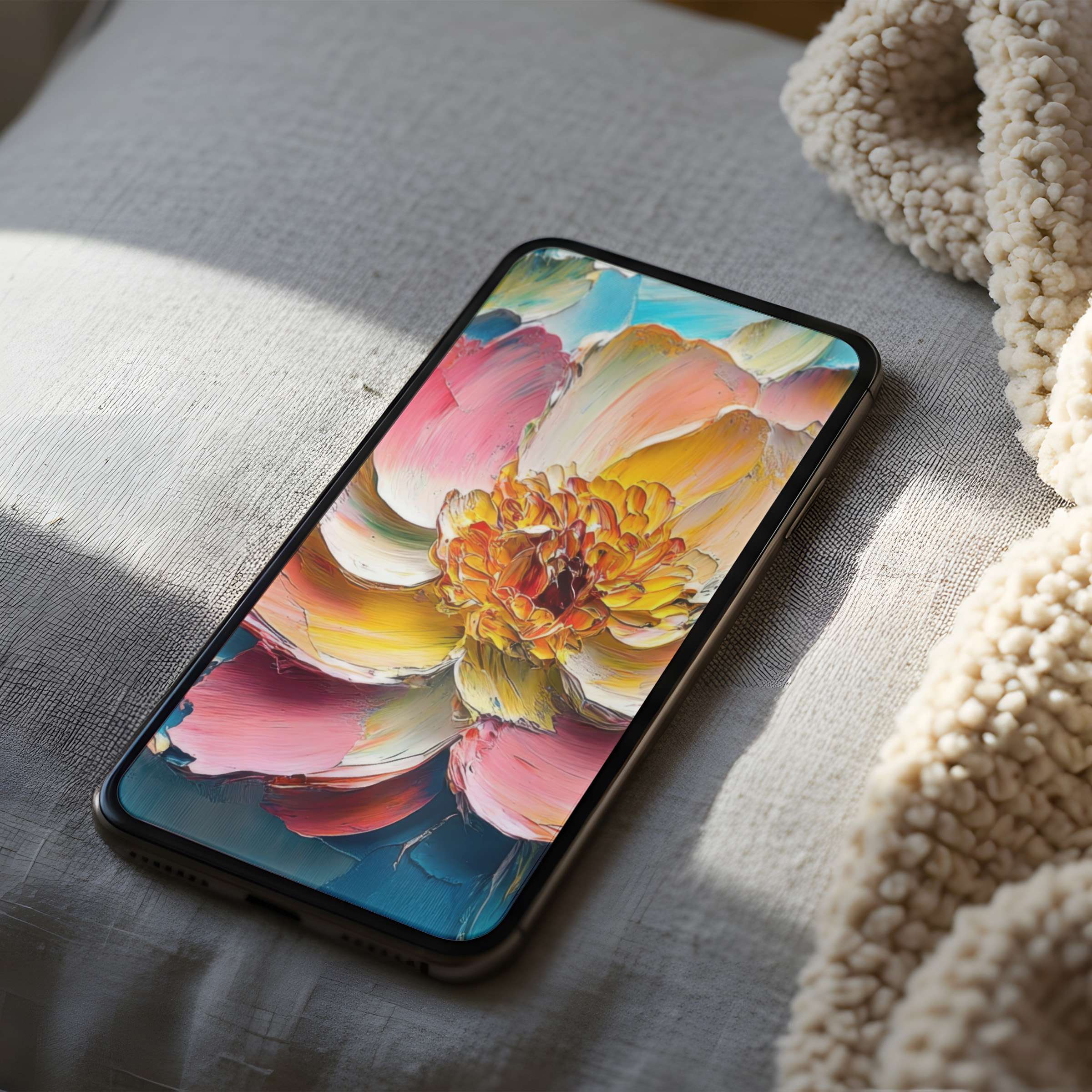 Elegant phone wallpaper featuring vibrant flower artwork, perfect for iPhone and Android digital downloads, adding tranquility to your screen