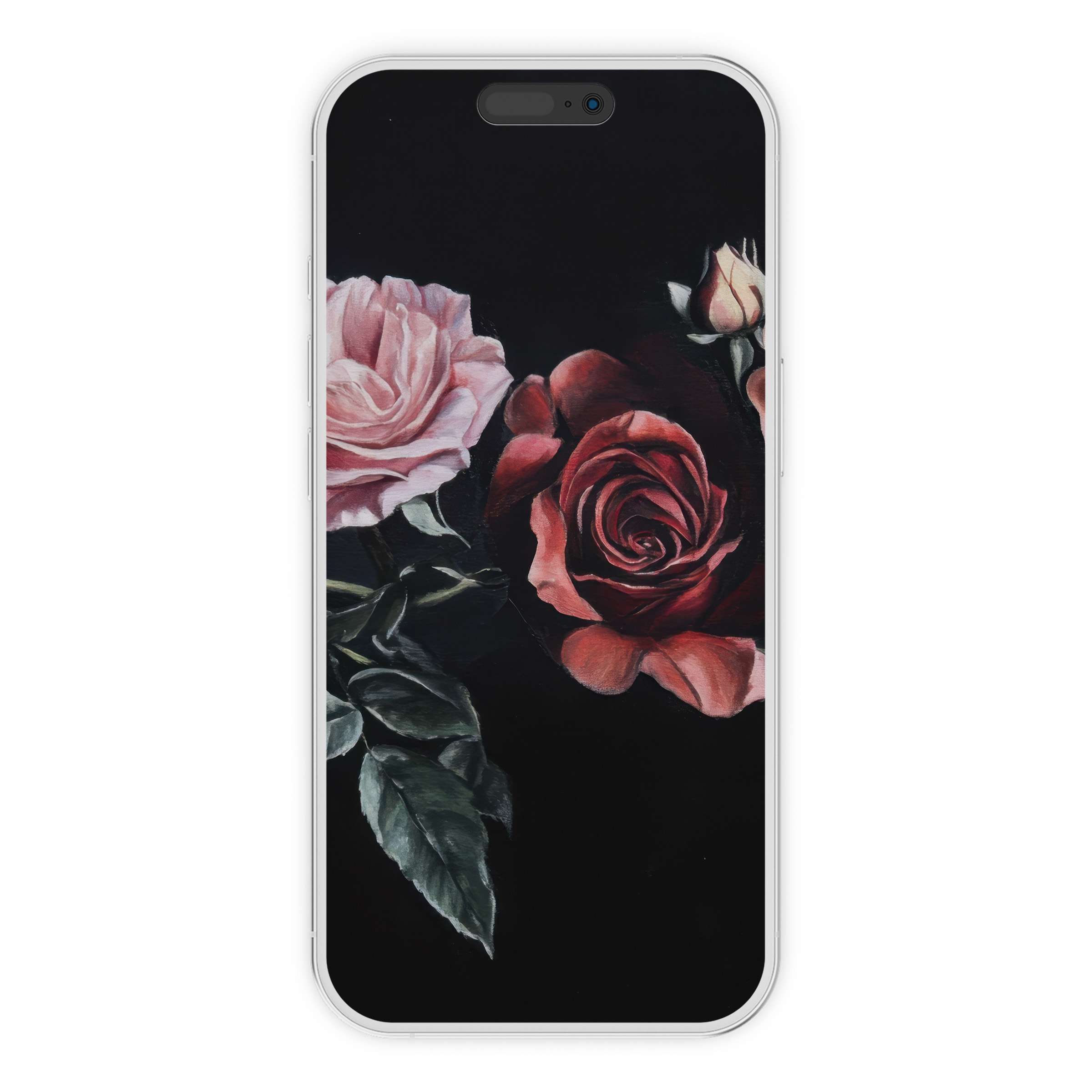 Elegant floral iPhone wallpaper with vintage roses on a dark background for a calming digital download phone design ambiance