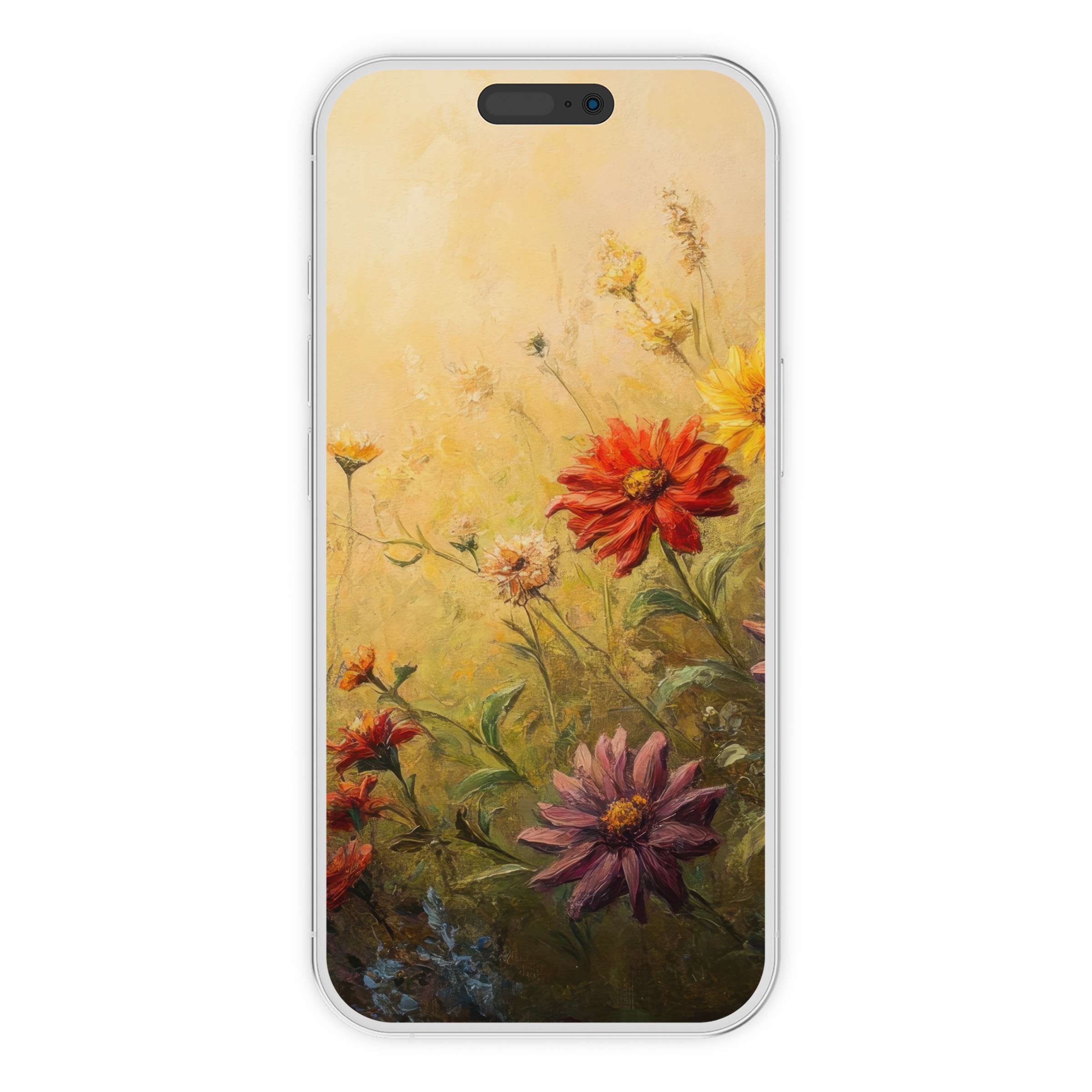 Floral iPhone wallpaper with vibrant blooms on a warm background, creating a peaceful phone ambiance, perfect digital download for any device