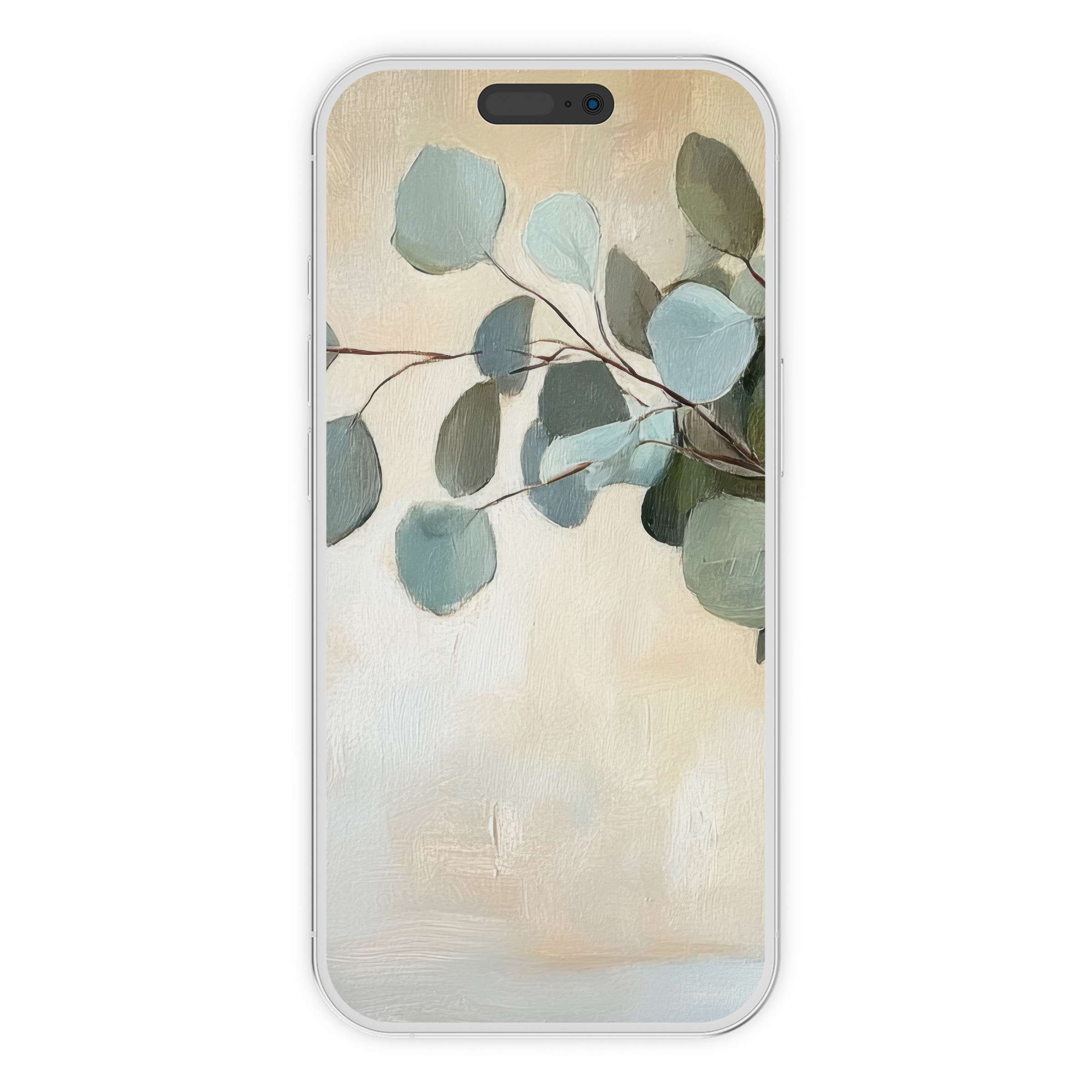 Serene eucalyptus leaves on a beige canvas create an elegant floral iPhone wallpaper, ideal phone background as a digital download