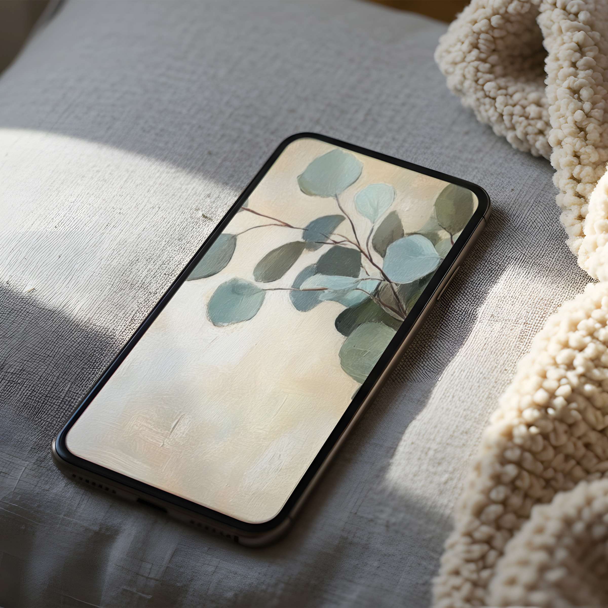 Elegant phone wallpaper featuring serene eucalyptus against soft hues, perfect for iPhone and Android, offering calm and aesthetic pleasure