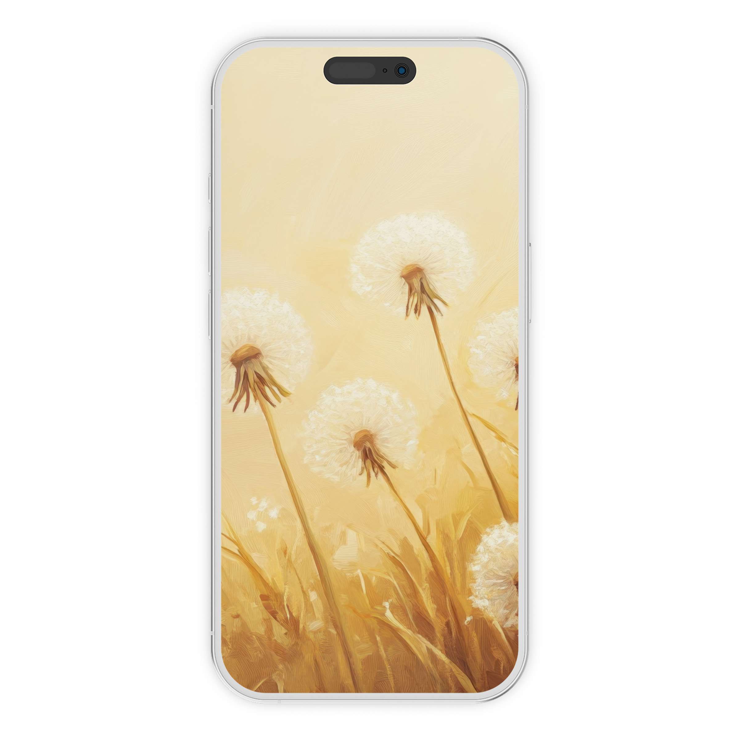 Serene floral iPhone wallpaper featuring dreamy dandelions in soft yellow hues for phone backgrounds; digital download for elegance