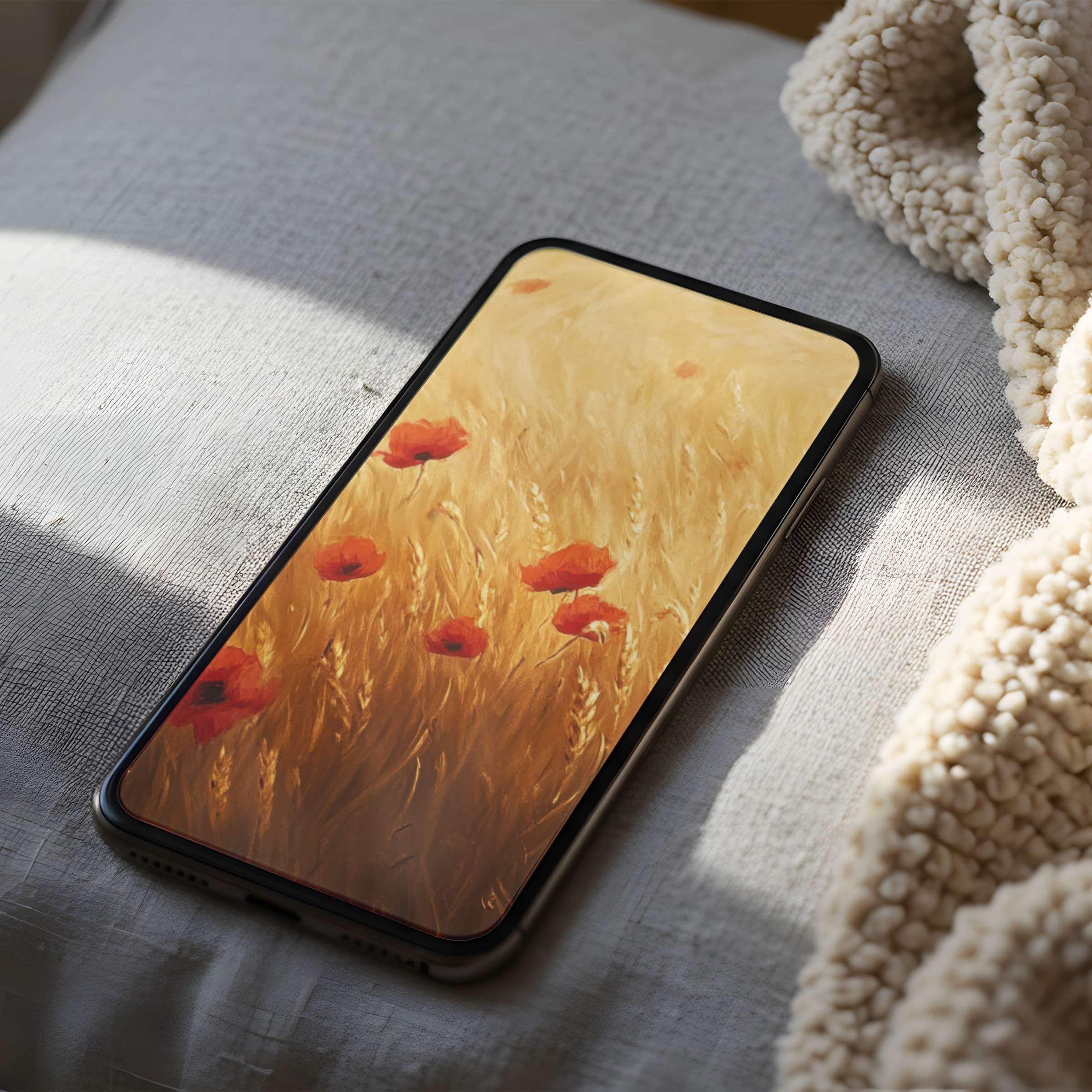 Elegant phone wallpaper featuring golden wheat fields and red poppies, perfect for high-resolution iPhone and Android screens, offering calm and beauty