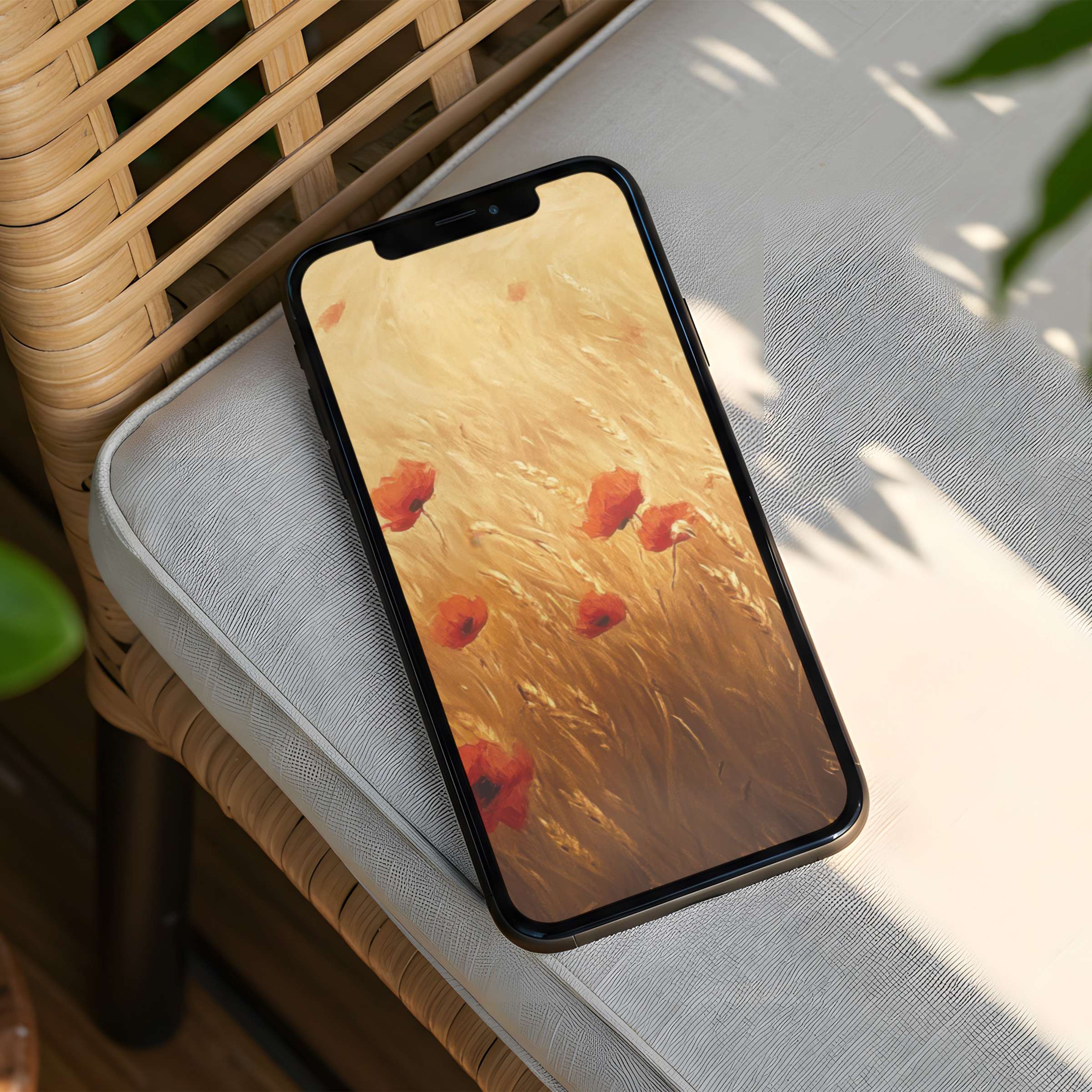 Tranquil iPhone background with golden wheat and red poppies offers instant download for phone users seeking elegance and mindfulness