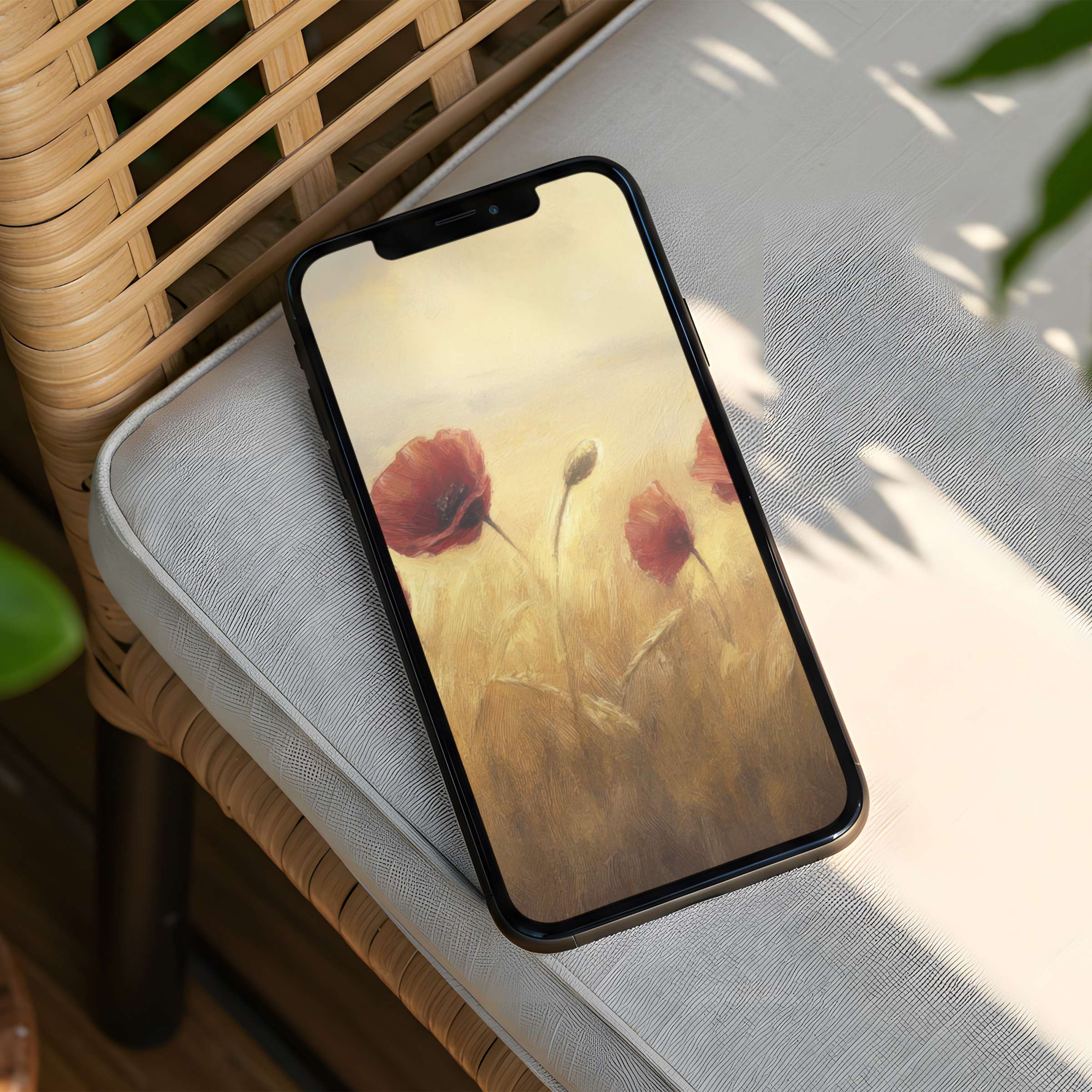 Elegant red poppies on a golden field iPhone background offer calm and inspiration; instant download for phone aesthetics