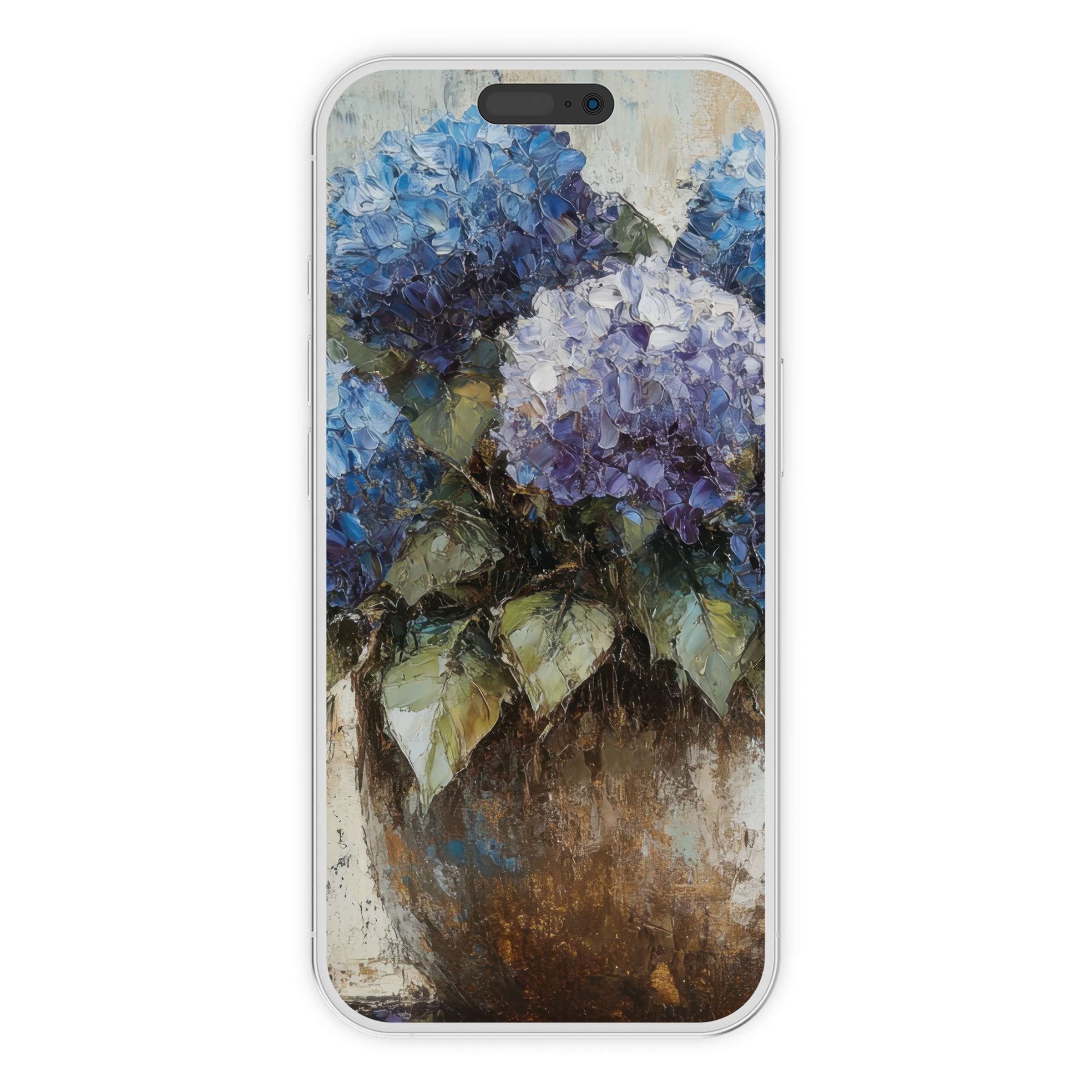 Elegant floral iPhone wallpaper showcasing lush blue and white hydrangeas, perfect phone background for serene digital download artistry