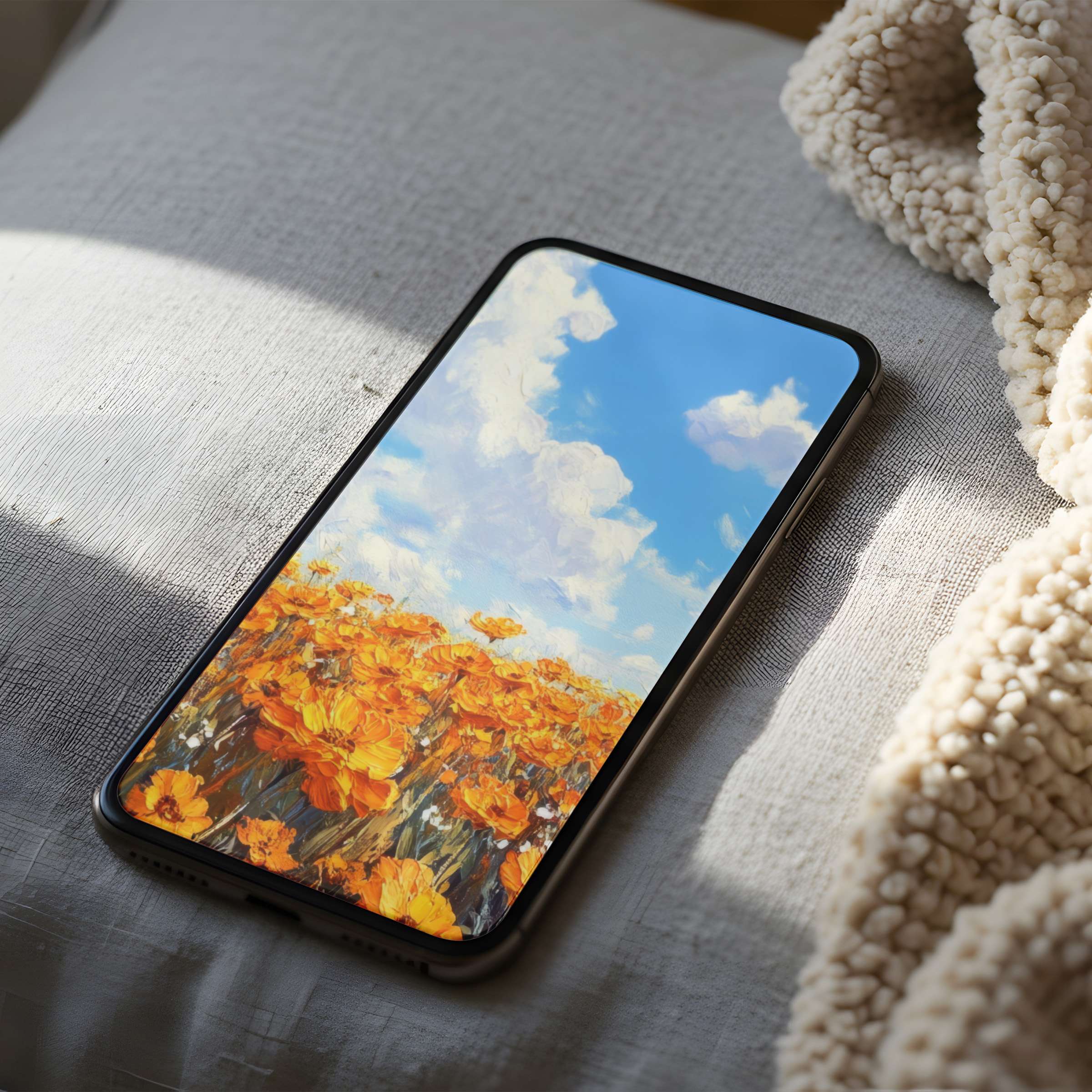 Elegant high resolution phone wallpaper featuring vibrant orange flowers under a serene sky perfect for iPhone and android download