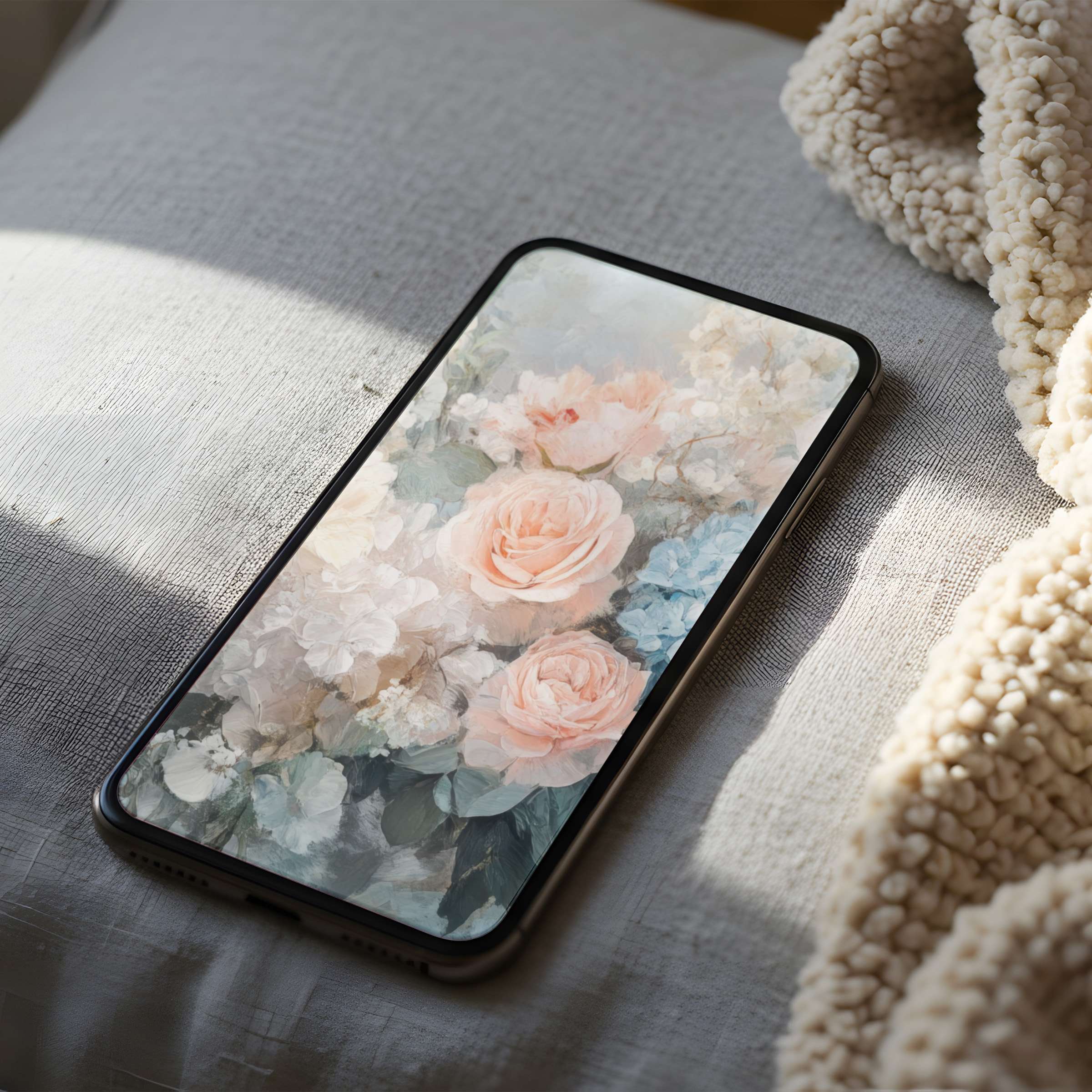 Elegant floral phone wallpaper featuring pastel roses and hydrangeas in high resolution, perfect for iPhone and Android, digital download offers tranquility