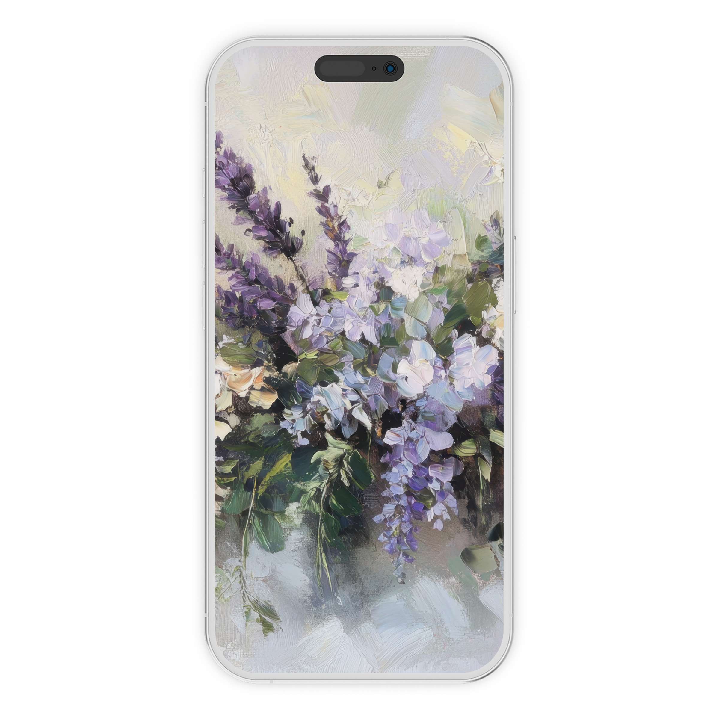 Floral iPhone wallpaper digital download featuring elegant lavender and green brushstrokes ideal for serene phone backgrounds on all devices