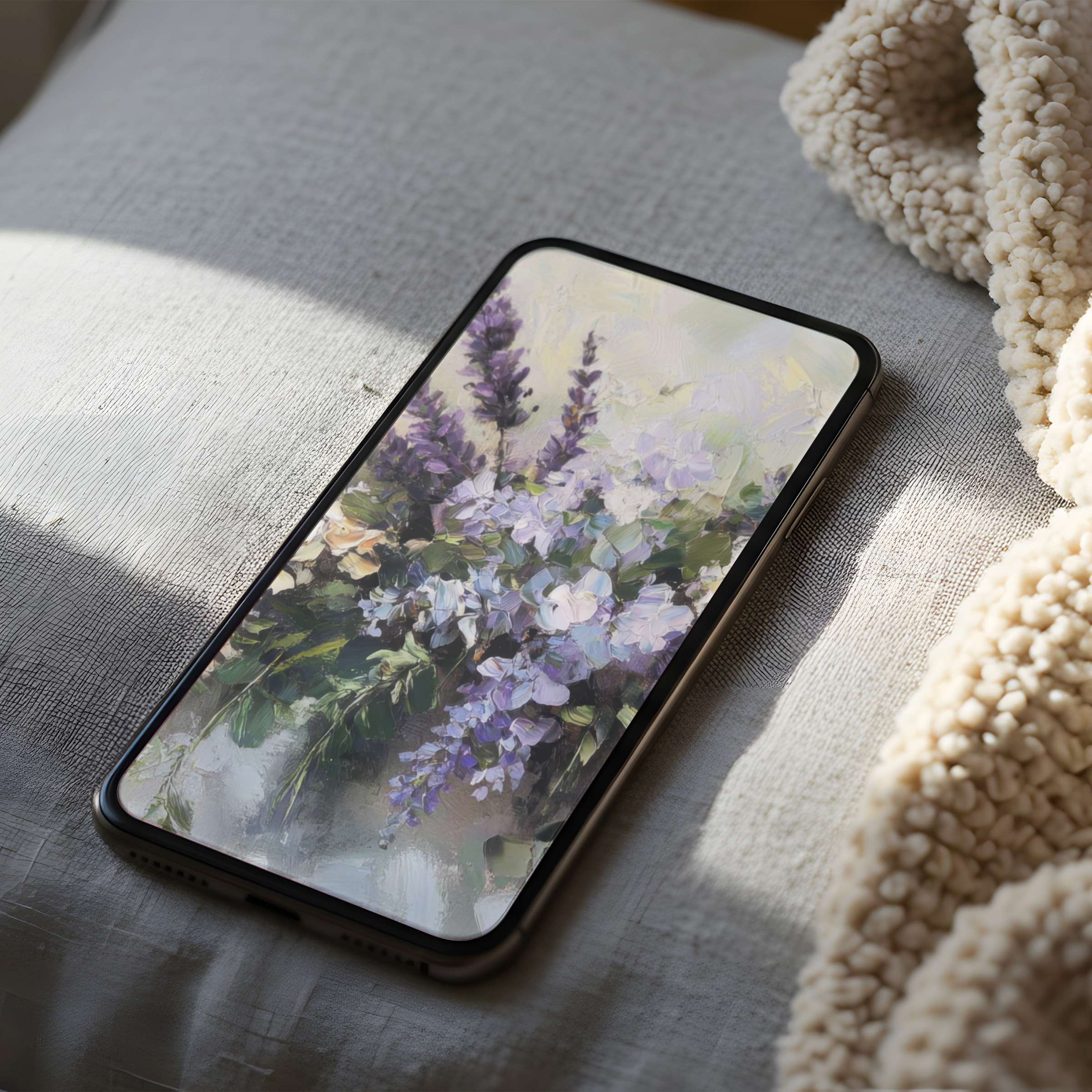 Elegant floral phone wallpaper in high resolution, blending soft lavender hues, perfect for iPhone and Android digital download