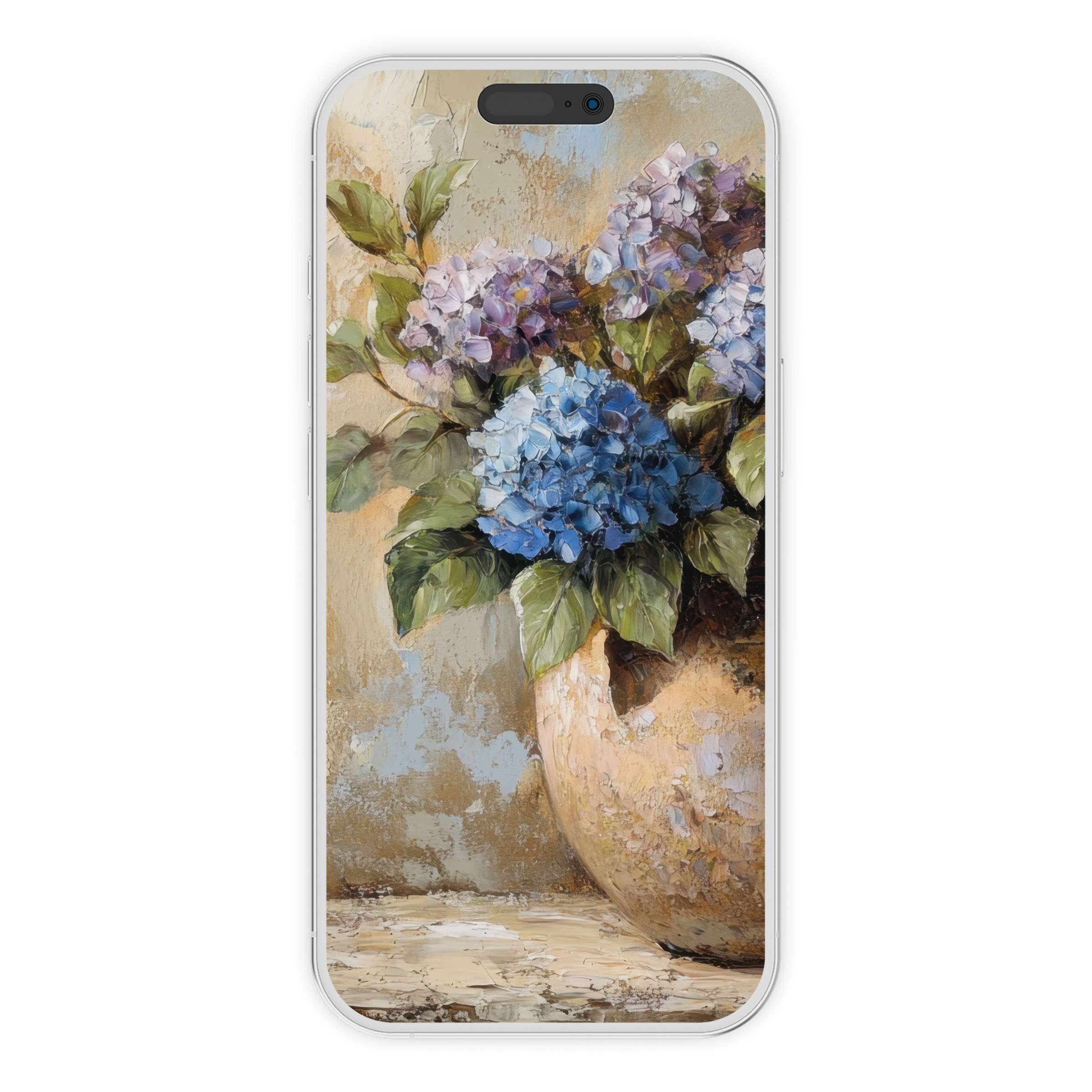 Textured floral iPhone wallpaper with hydrangeas in soft pastels offers a soothing digital download phone background for elegance seekers