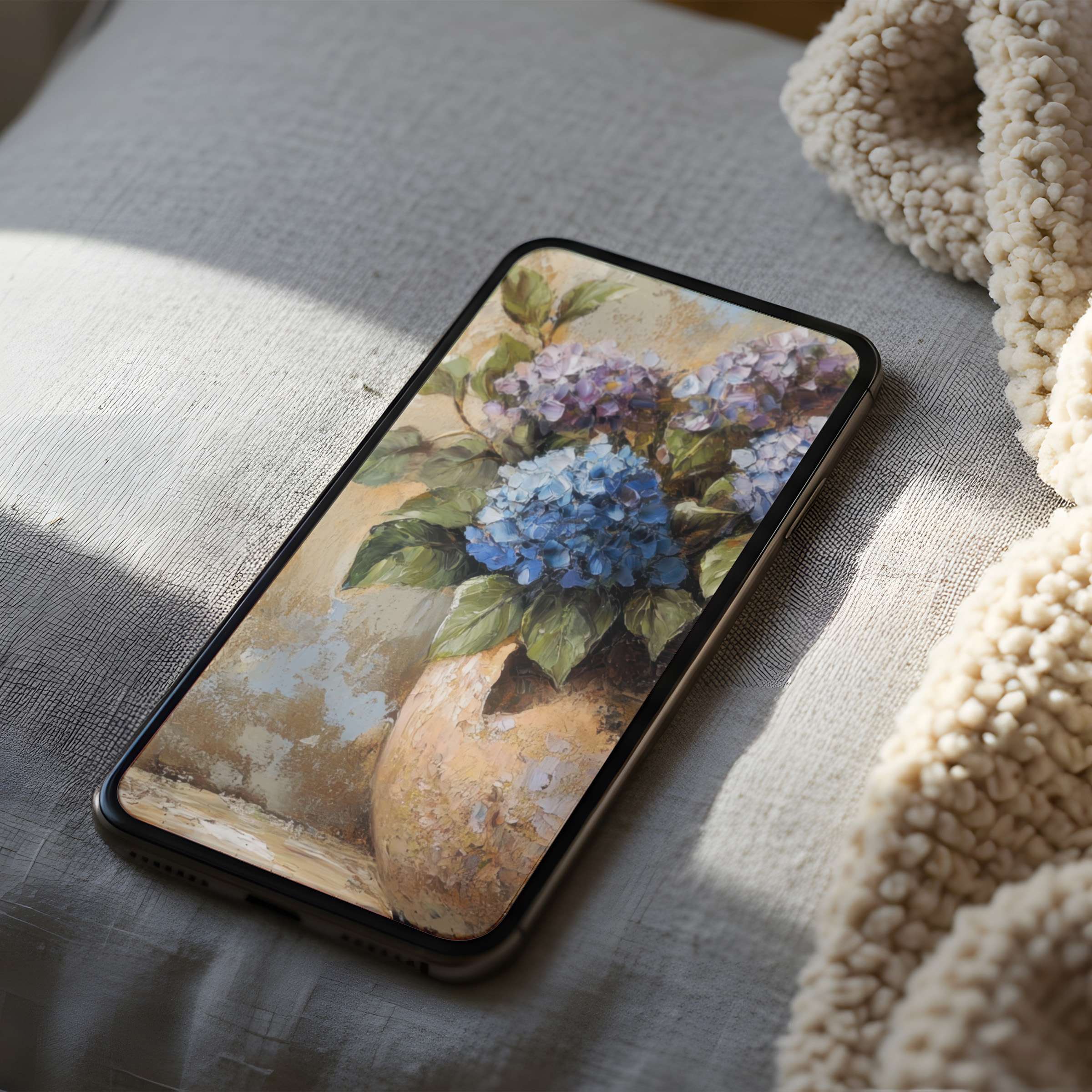 Elegant phone wallpaper featuring a high-resolution vintage floral painting in soft pastels, perfect for iPhone and Android digital download
