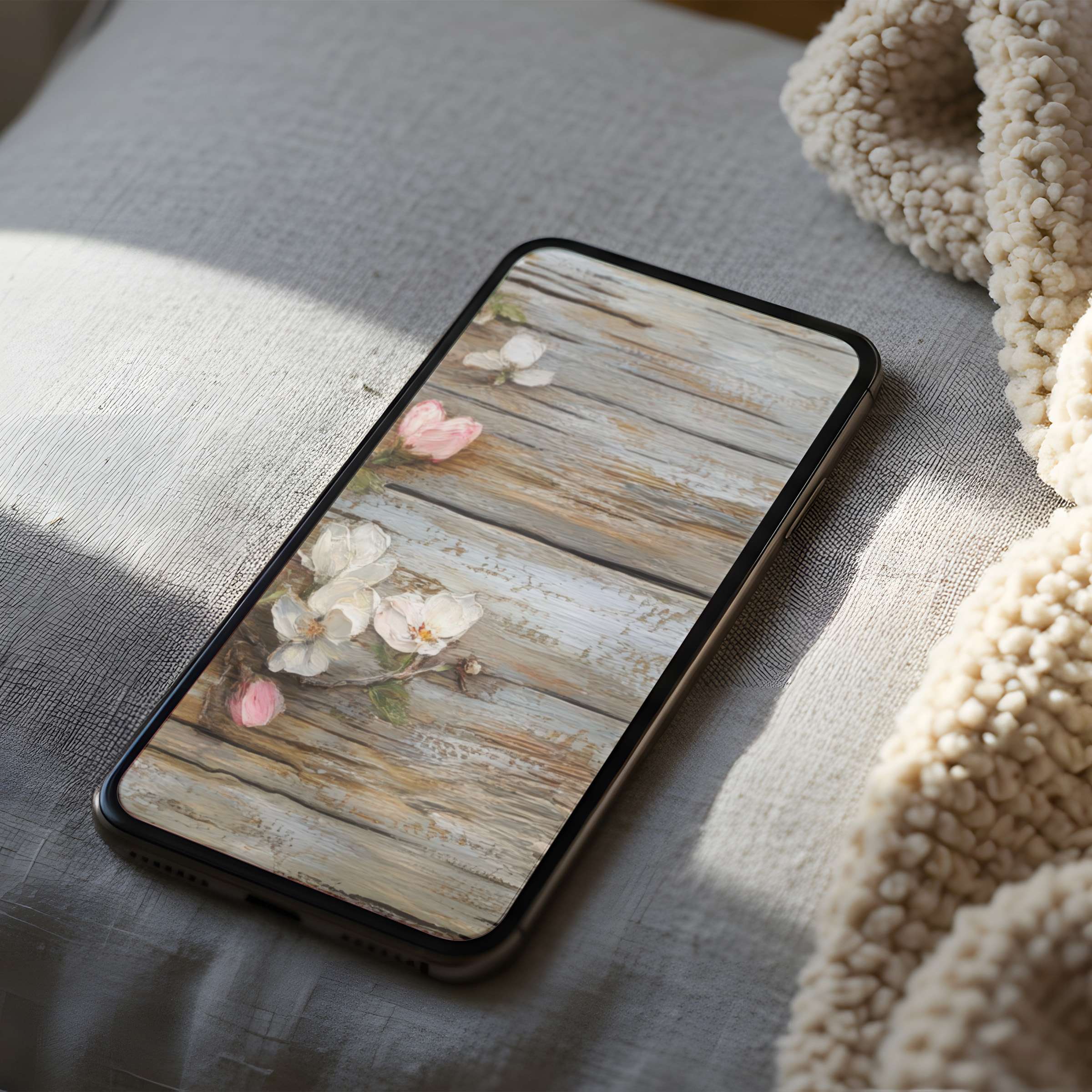 Elegant phone wallpaper featuring delicate blossoms on rustic wood, perfect for iPhone and Android, enhancing peace and style