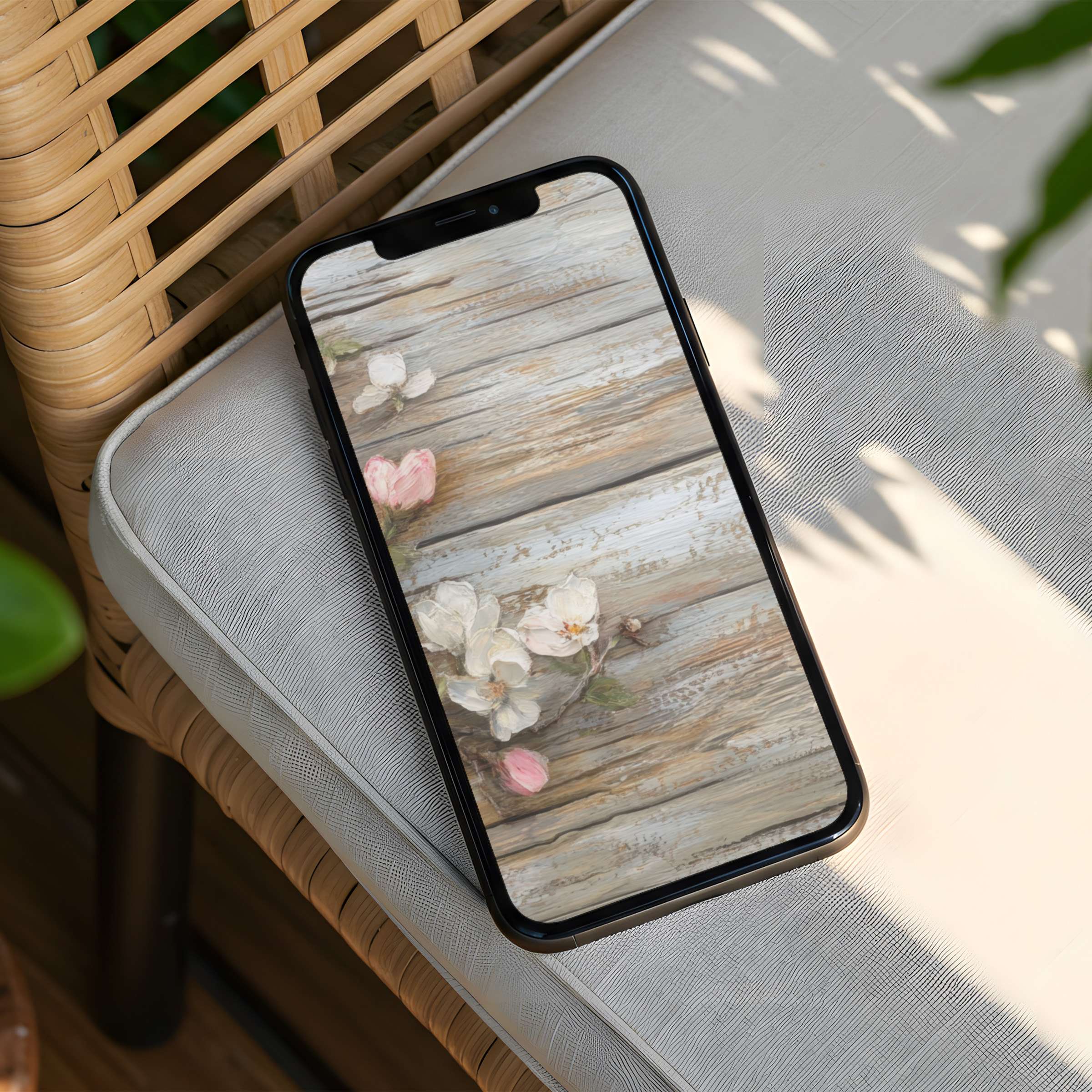 Elegant iPhone background featuring serene floral art on rustic wood texture for instant download calming phone aesthetics