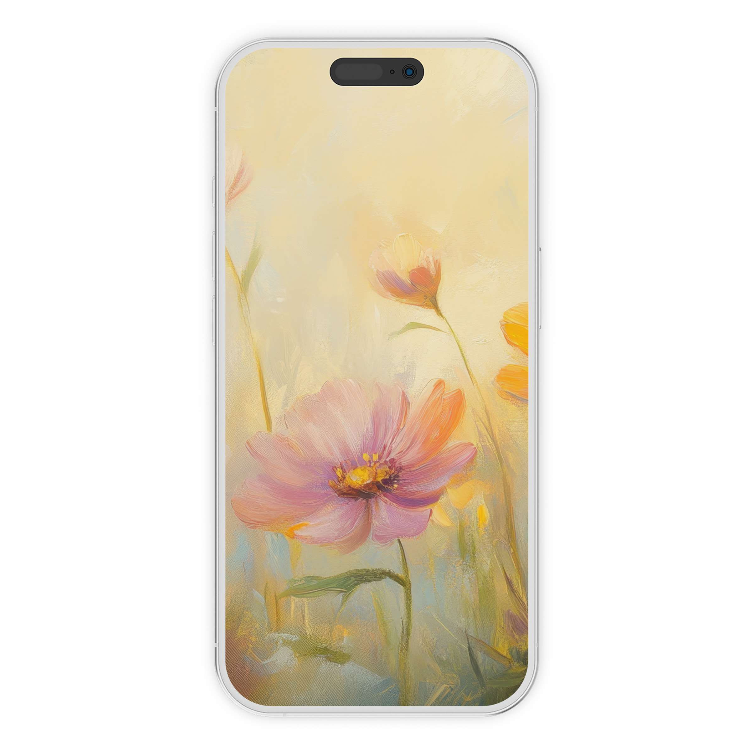 Elegant floral iPhone wallpaper features soft pink and yellow blossoms in a serene digital download, perfect phone background for calm aesthetics