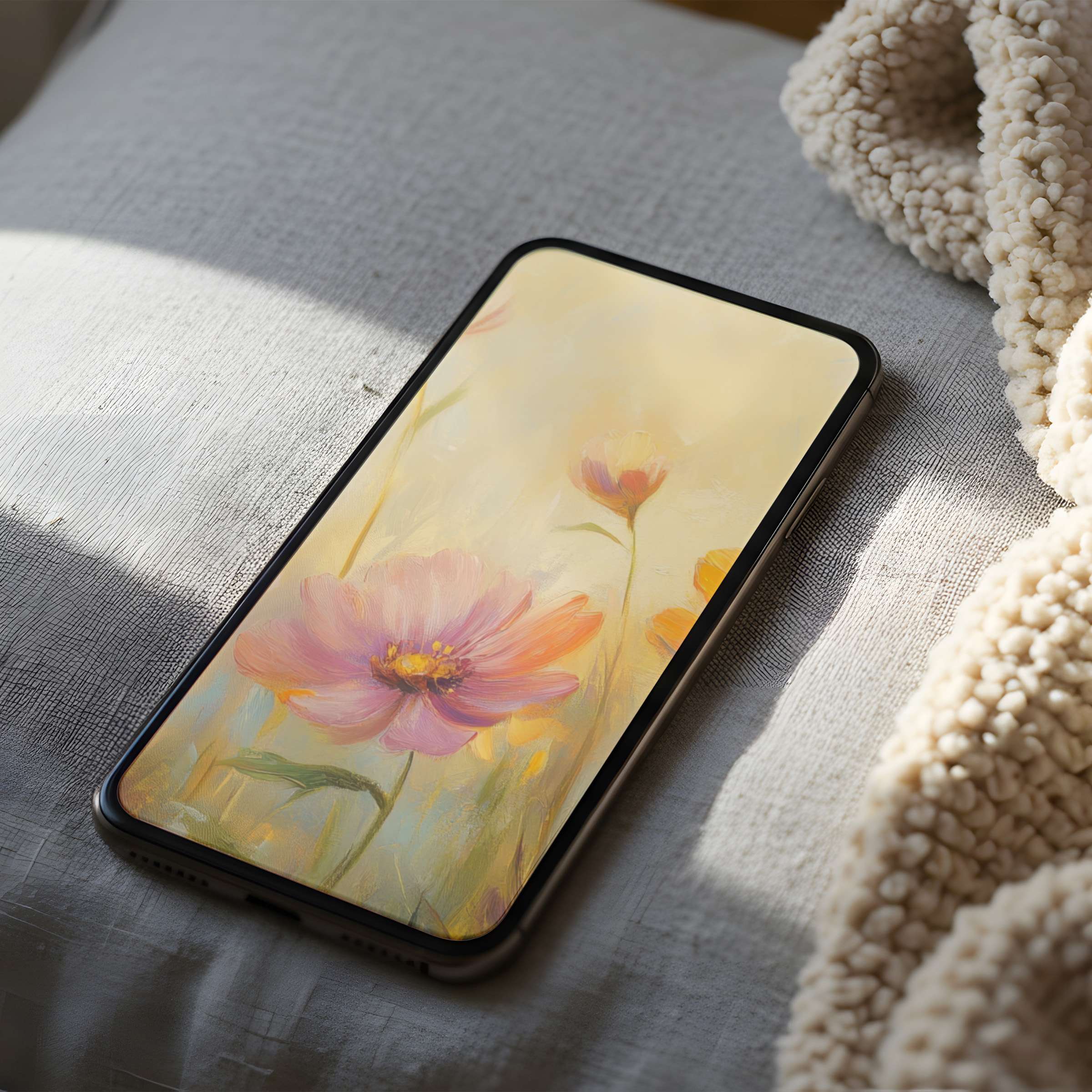 Elegant floral phone wallpaper in soft pastels offers high resolution for iPhone and Android, creating a serene digital download experience
