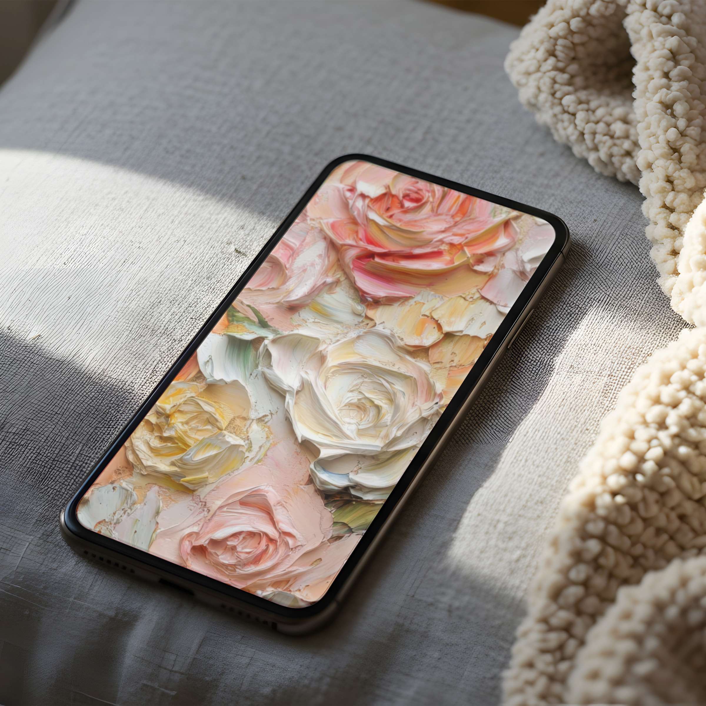 Elegant pastel floral phone wallpaper in high resolution, blending soft hues for a calming digital download for iPhone and Android