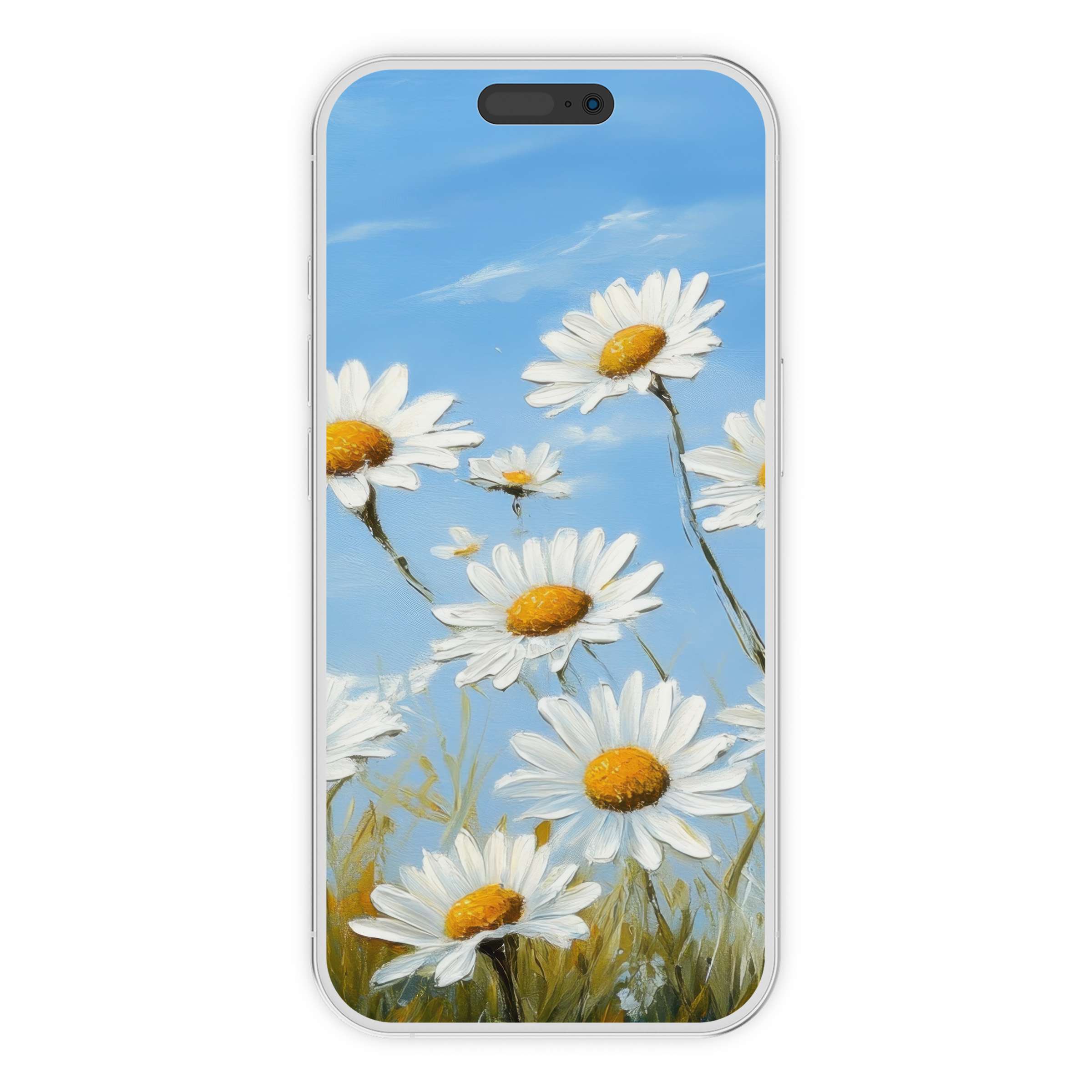 Floral iPhone wallpaper with daisies on a blue sky background offers a calming digital download for elegant phone aesthetics