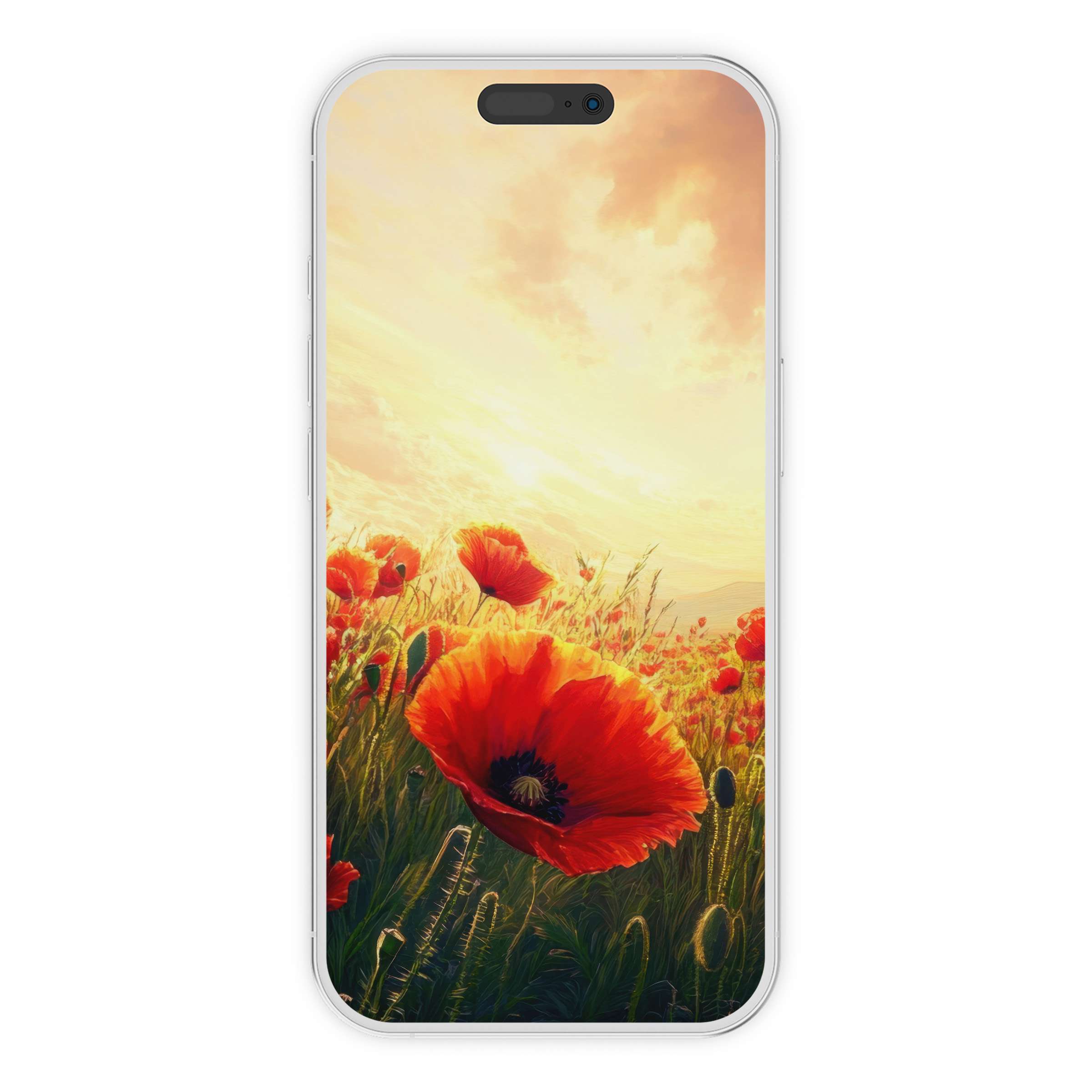 Vibrant floral iPhone wallpaper digital download with lush poppies under a golden sky, perfect phone background inspiring tranquility
