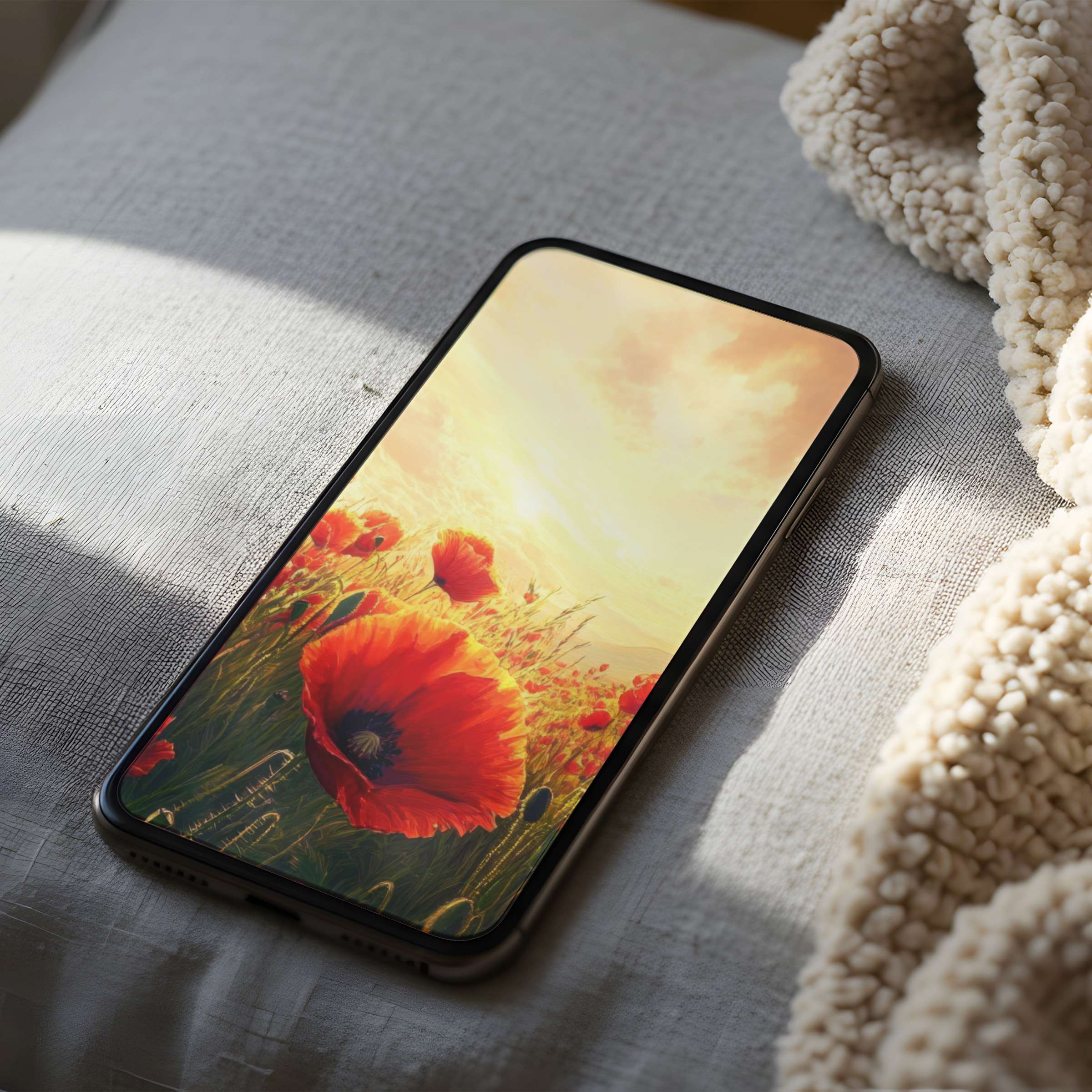 Elegant phone wallpaper featuring vibrant poppies against a serene sunset sky perfect high resolution for iPhone and Android phones