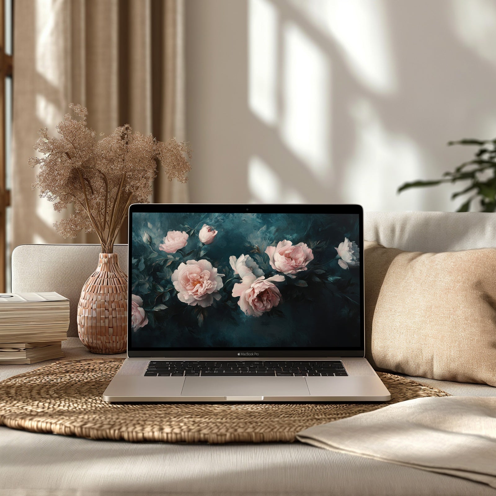 Floral computer background with soft pink roses against a deep teal backdrop, blending romantic artistry and modern calm to create an elegant, inspiring workspace atmosphere