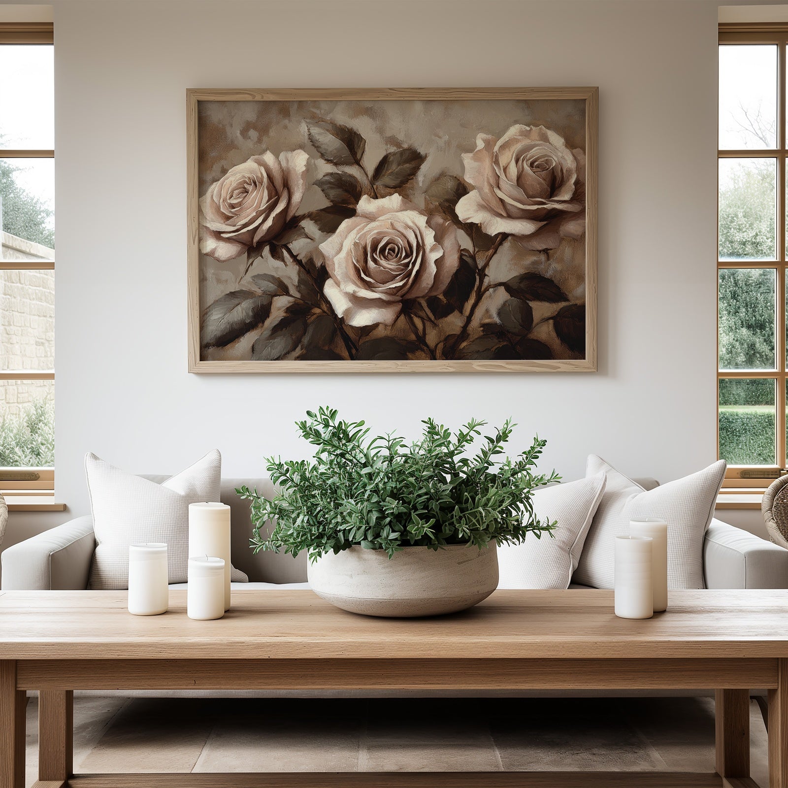 Floral Digital Art Print with pink roses in modern living room