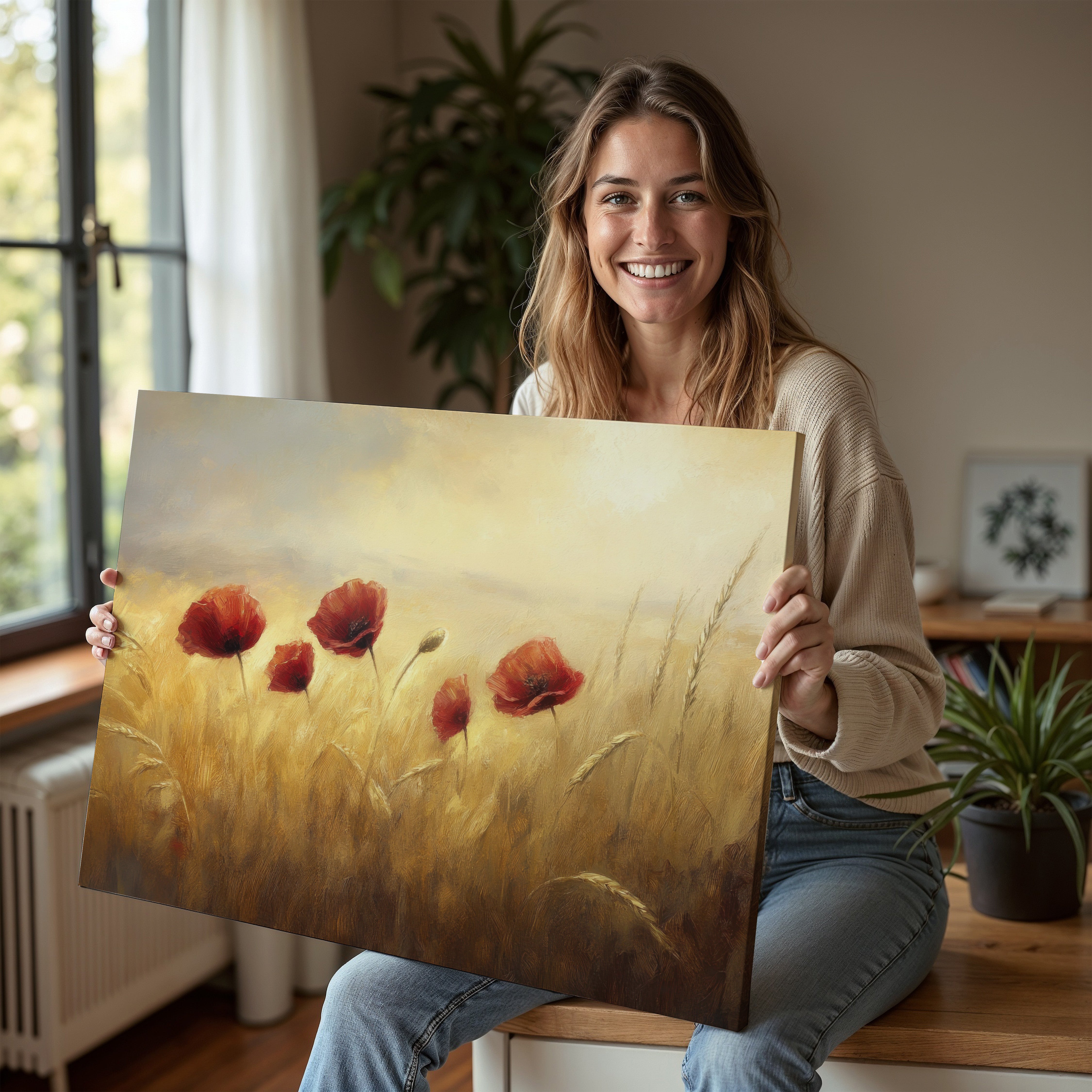 Woman holding a floral wall art print featuring red poppies in a golden field, displayed in a bright modern home - perfect for adding warmth and natural beauty to any living space