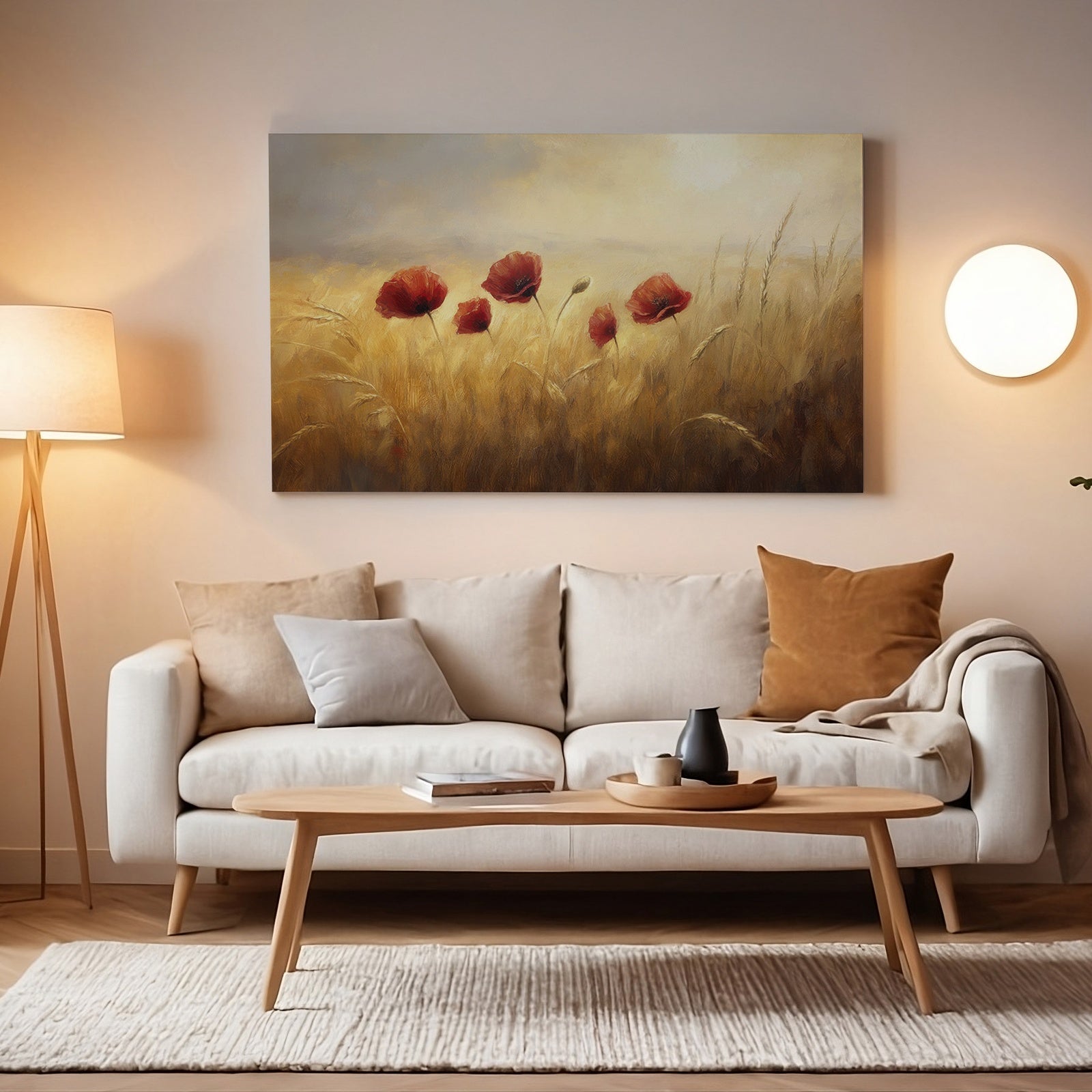 Warm, cozy living room with beige tones featuring a framed floral art print of red poppies in a golden field above a neutral sofa with soft cushions and a wooden coffee table