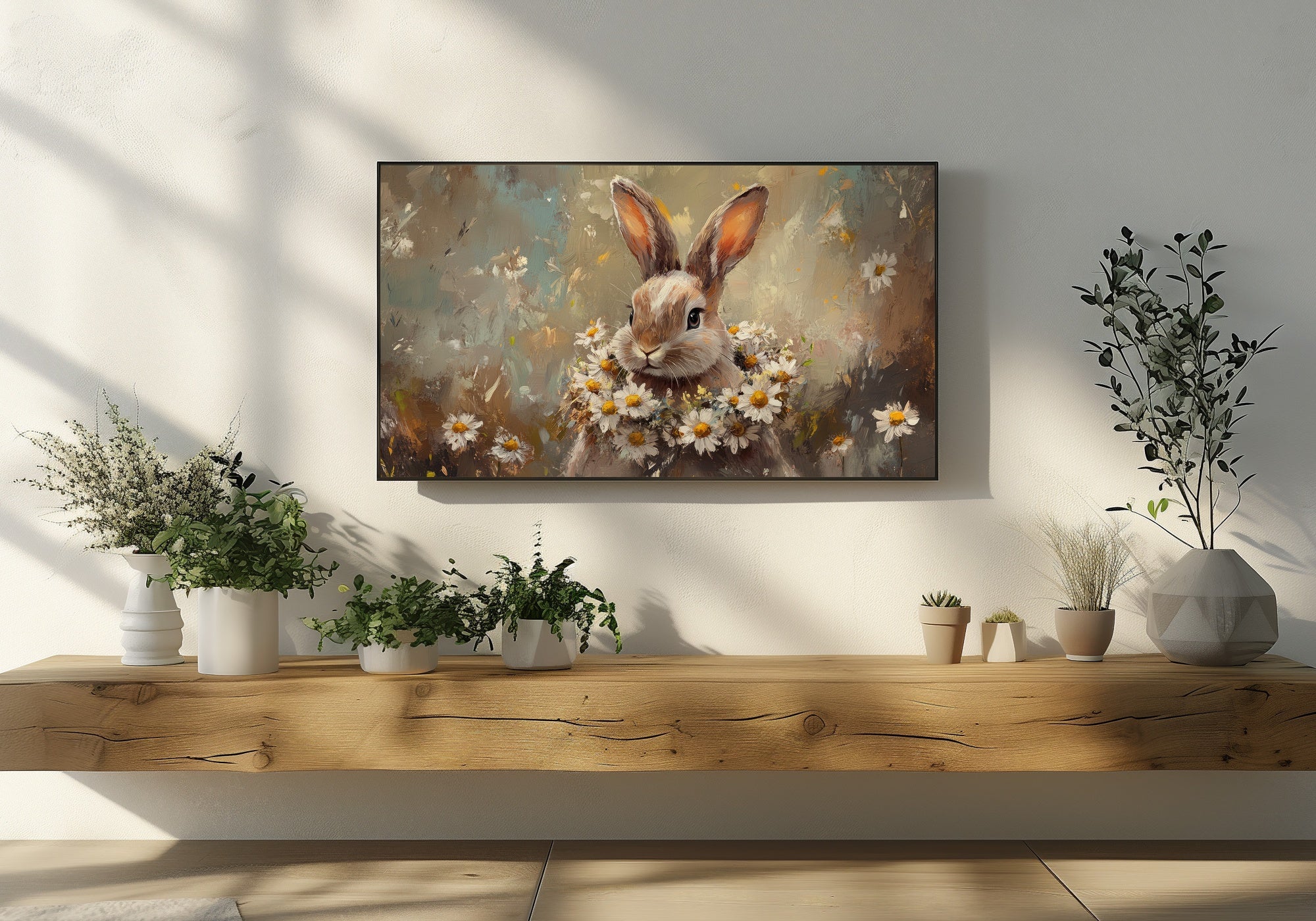 Easter frame tv art with vintage floral easter bunny