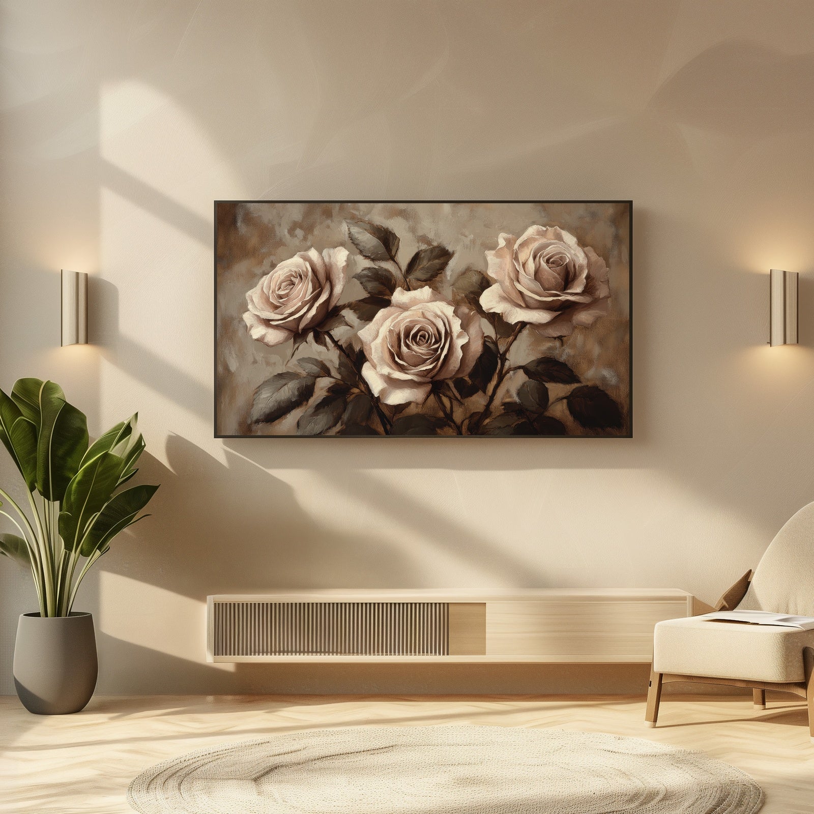 Floral Frame TV art with pink roses in modern living room