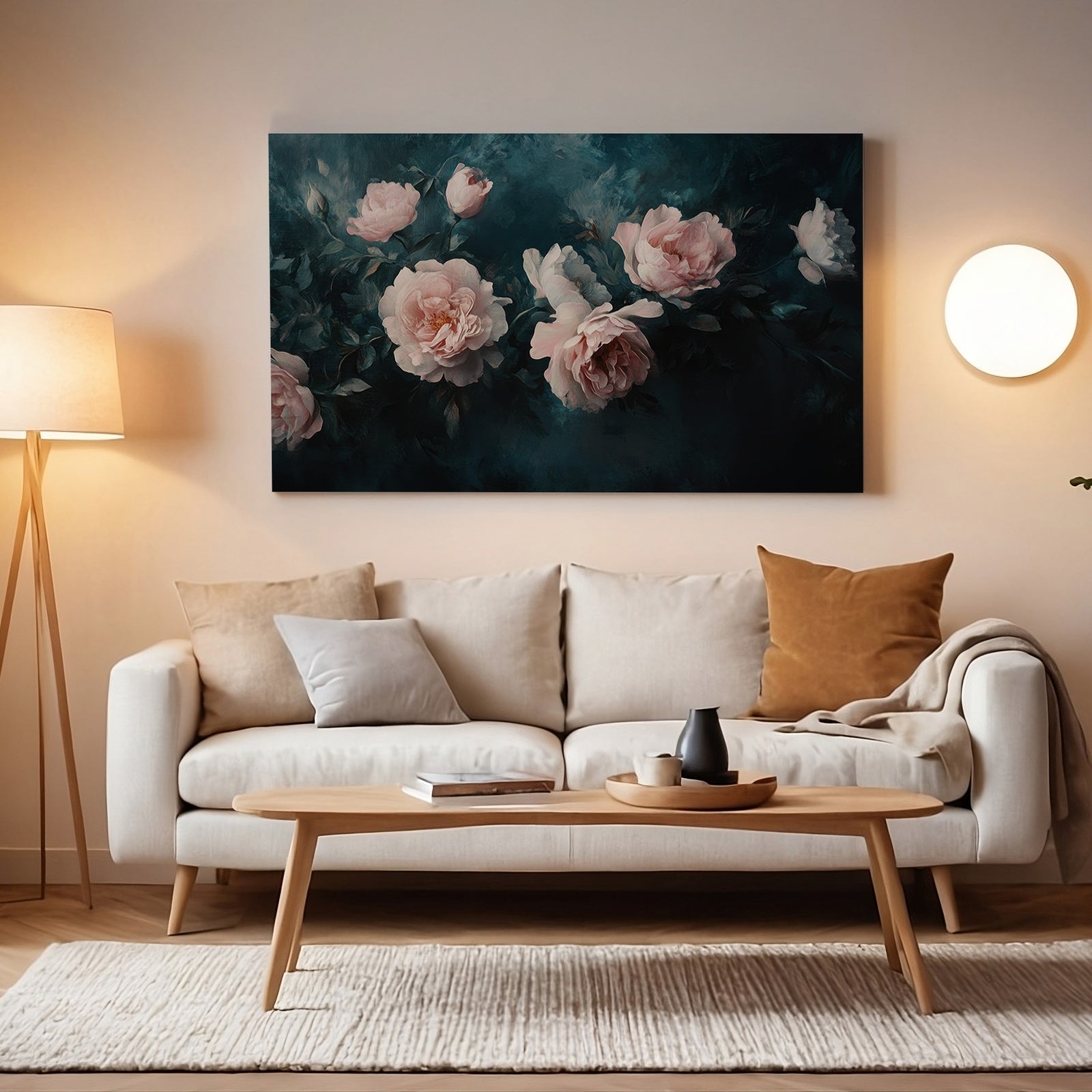 Floral printable wall art featuring soft pink roses on a dark teal background, displayed above a cozy beige sofa with warm lighting in a modern living room
