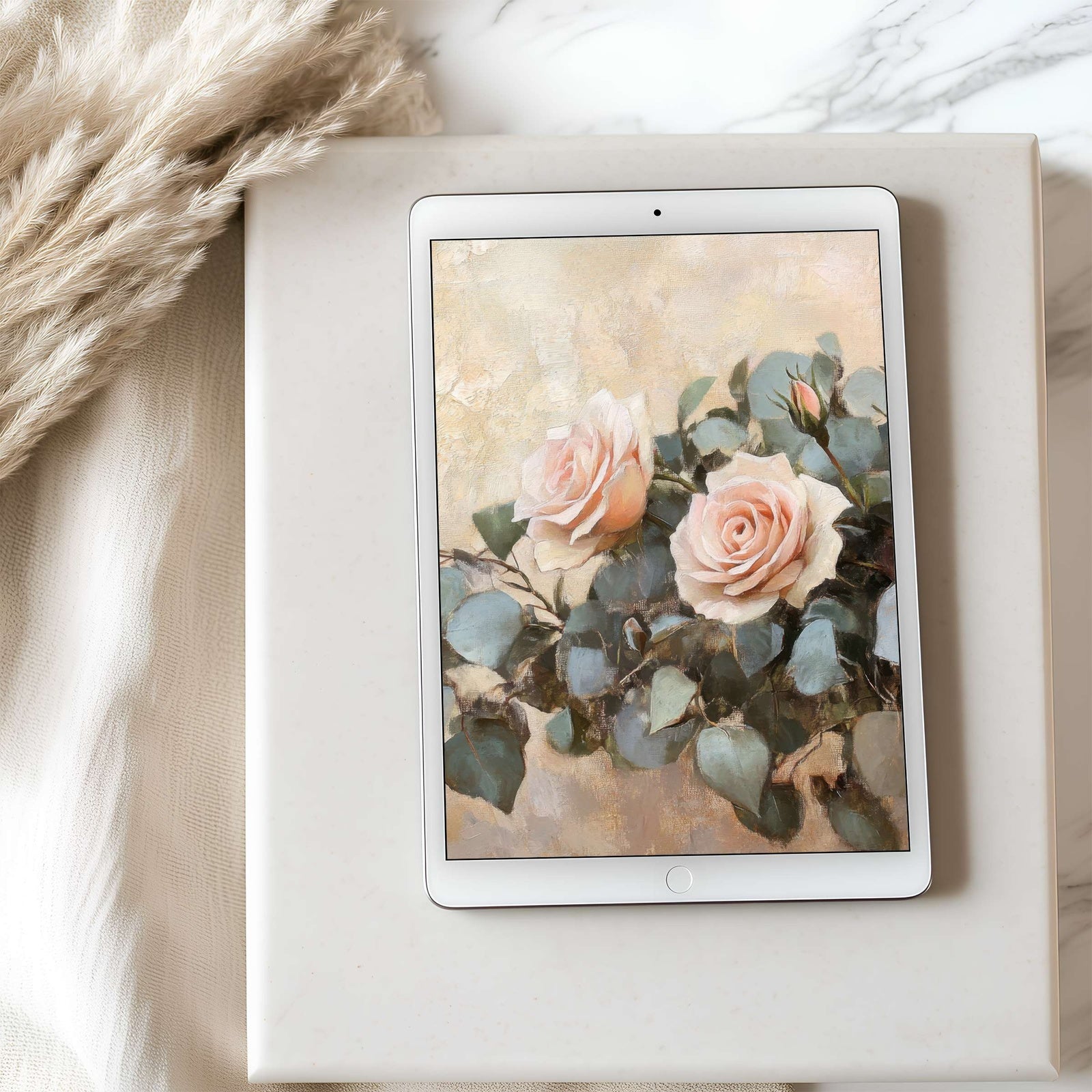 Floral iPad wallpaper featuring soft pastel roses and eucalyptus leaves in painterly detail - a romantic tablet background that adds elegance, calm, and timeless beauty to your digital space