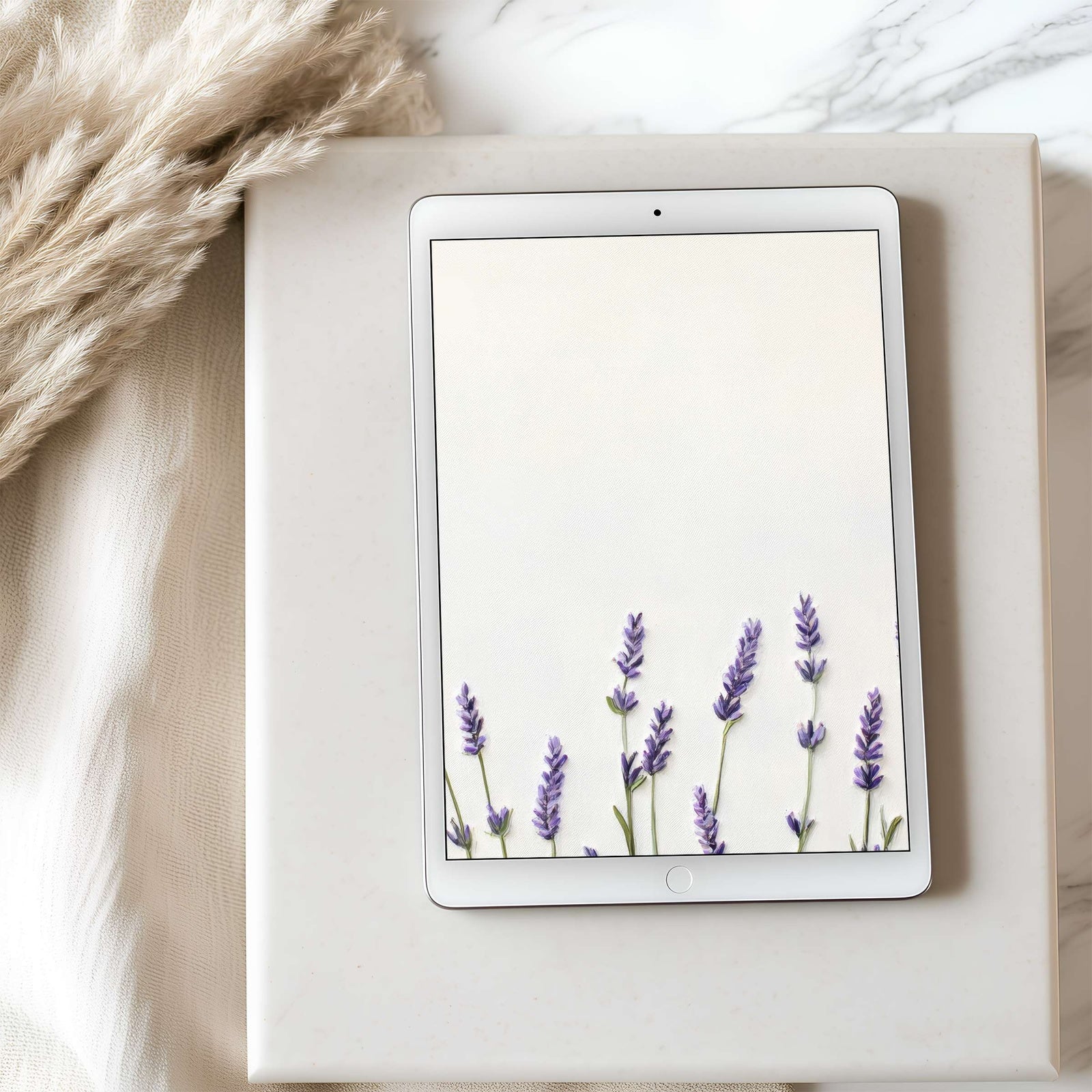 Minimalist lavender iPad wallpaper with soft purple blooms on a white background, elegant floral tablet design that brings calm, freshness, and modern style to your digital space