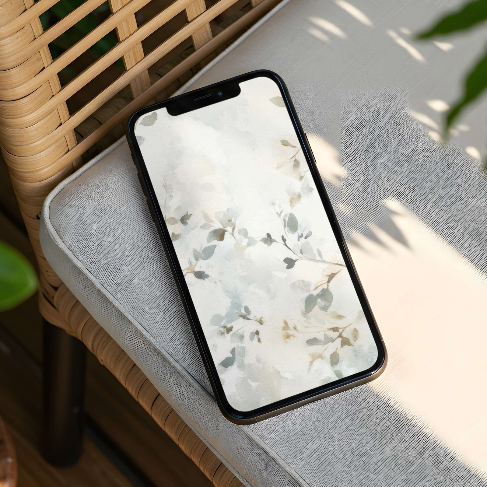 Soft floral phone wallpaper featuring delicate watercolor leaves and petals in gentle neutral tones - a calm, elegant background for a refined and stylish home screen