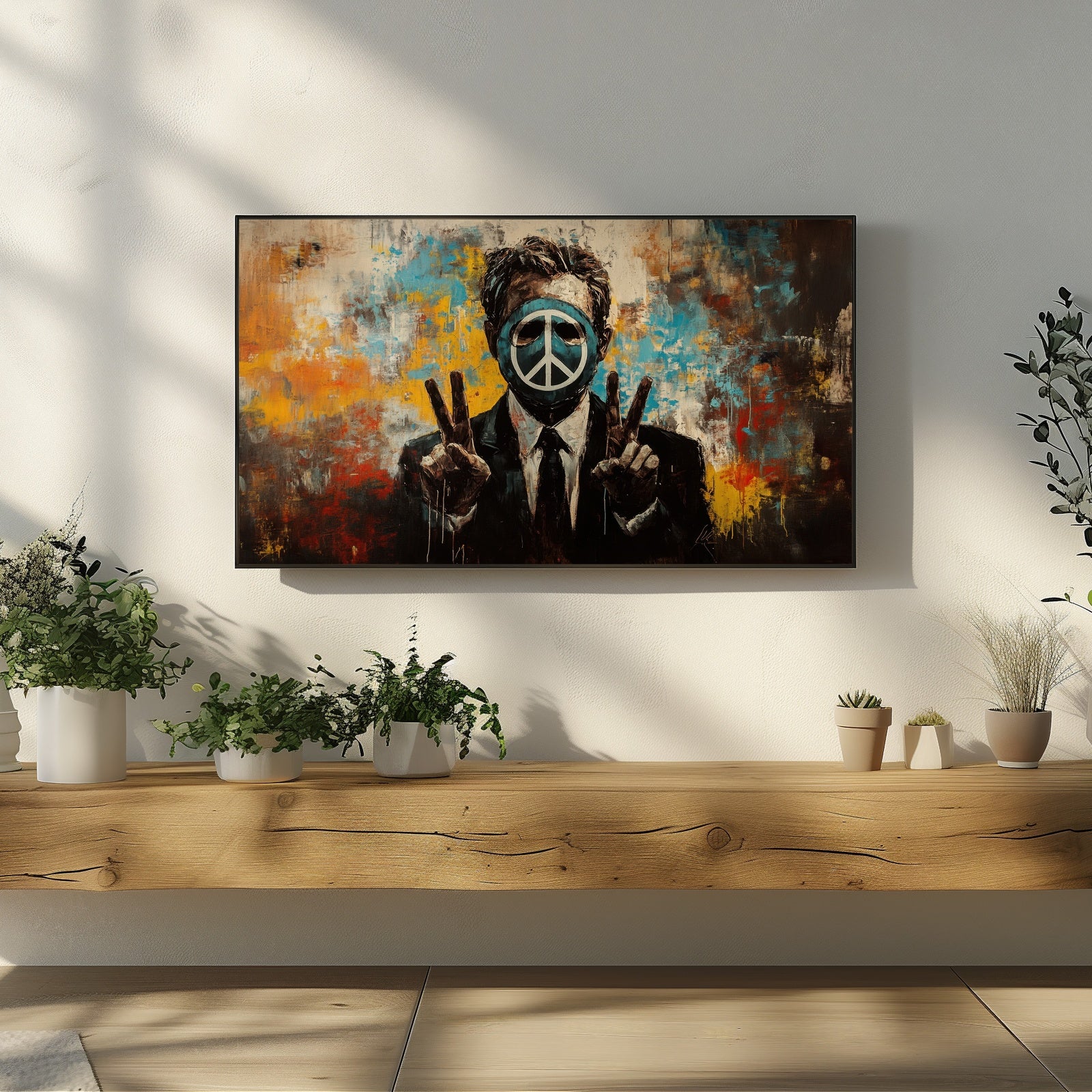 Urban street art painting for Samsung Frame TV featuring a man in a suit with a peace symbol mask and vibrant abstract graffiti background