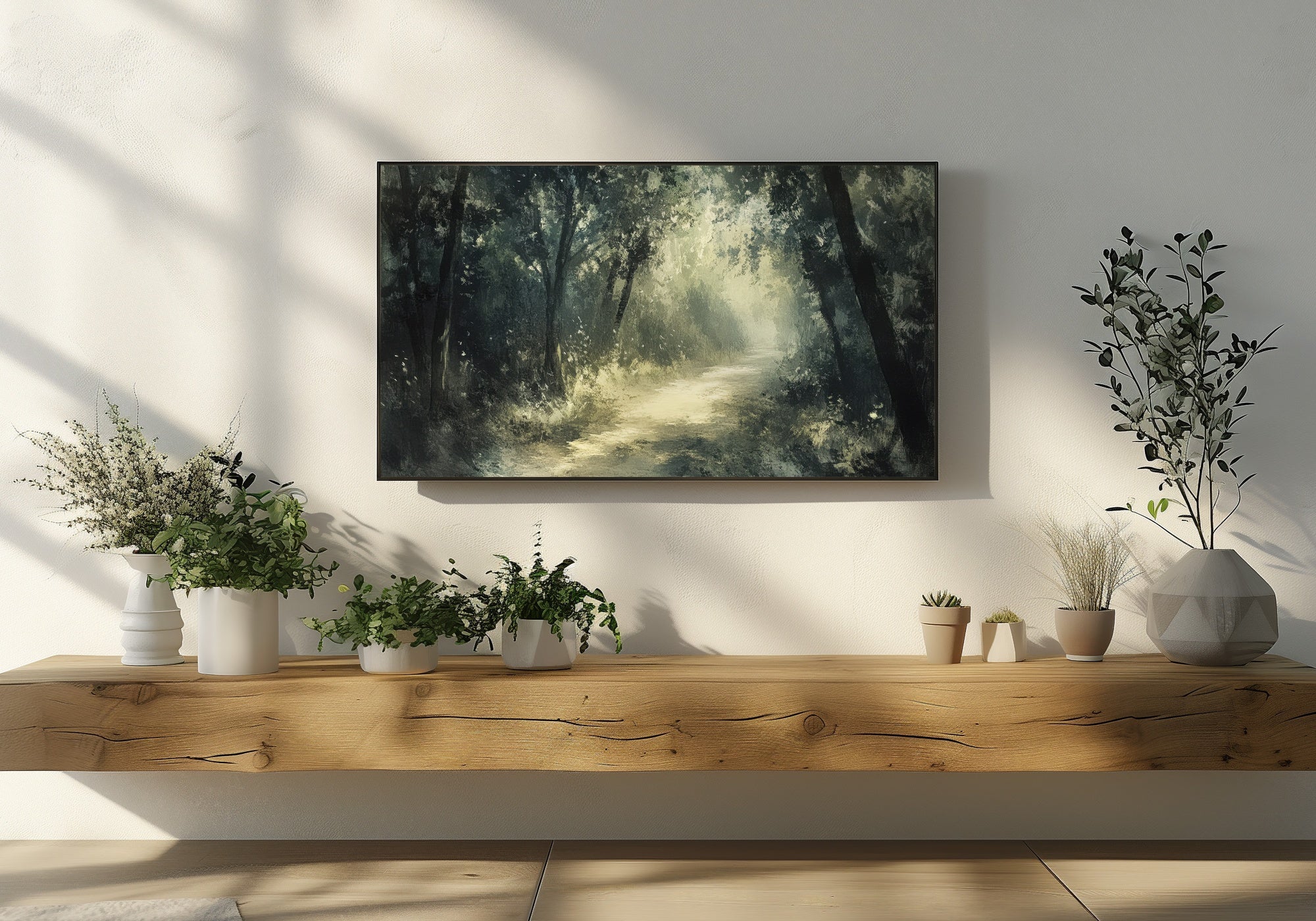 Trees Frame TV Art featuring a peaceful forest pathway bathed in soft sunlight - a digital landscape artwork for Samsung Frame TV that brings natural calm and depth to your living space
