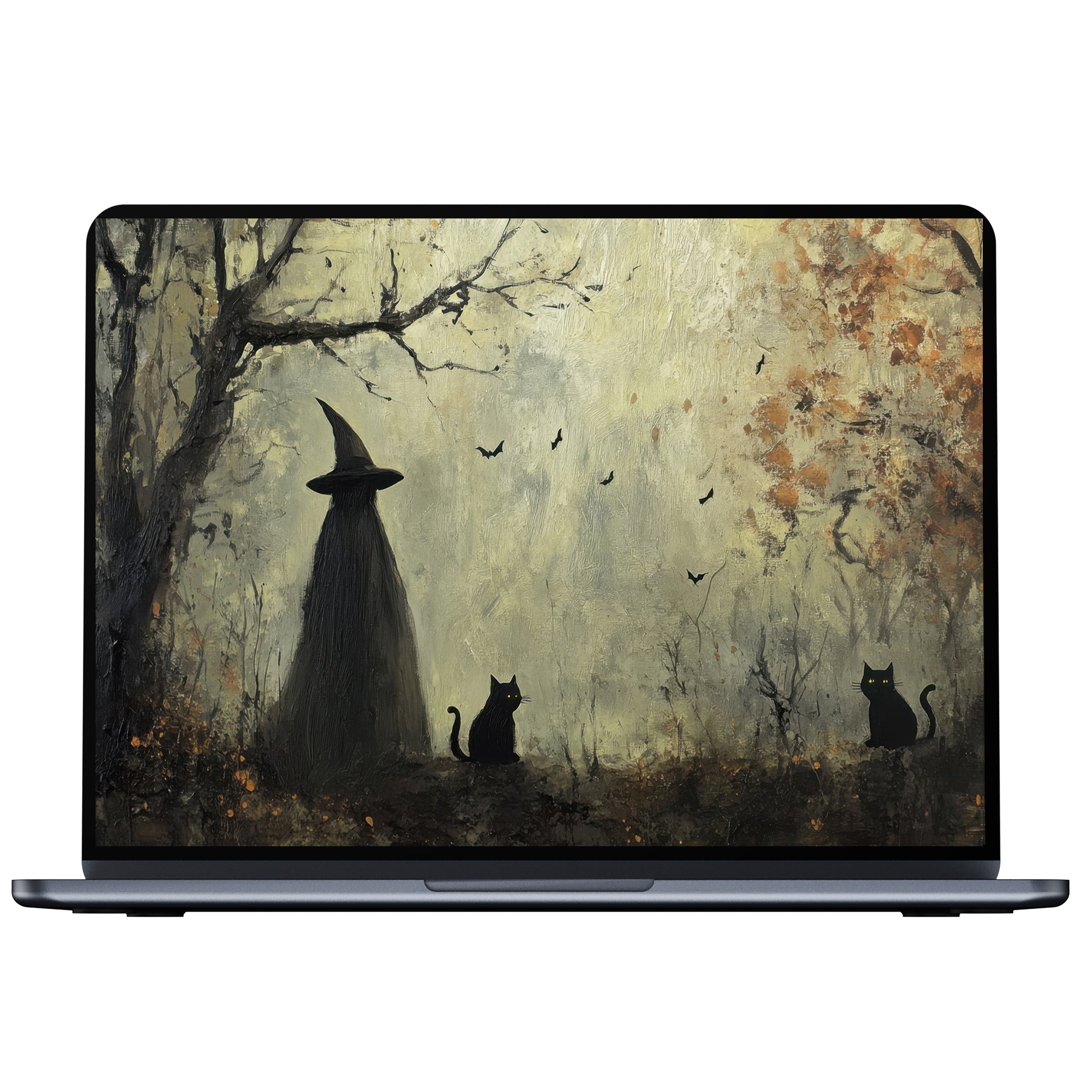 Halloween desktop wallpaper featuring a mysterious witch and cats in a serene autumn forest digital download for PC and Laptop
