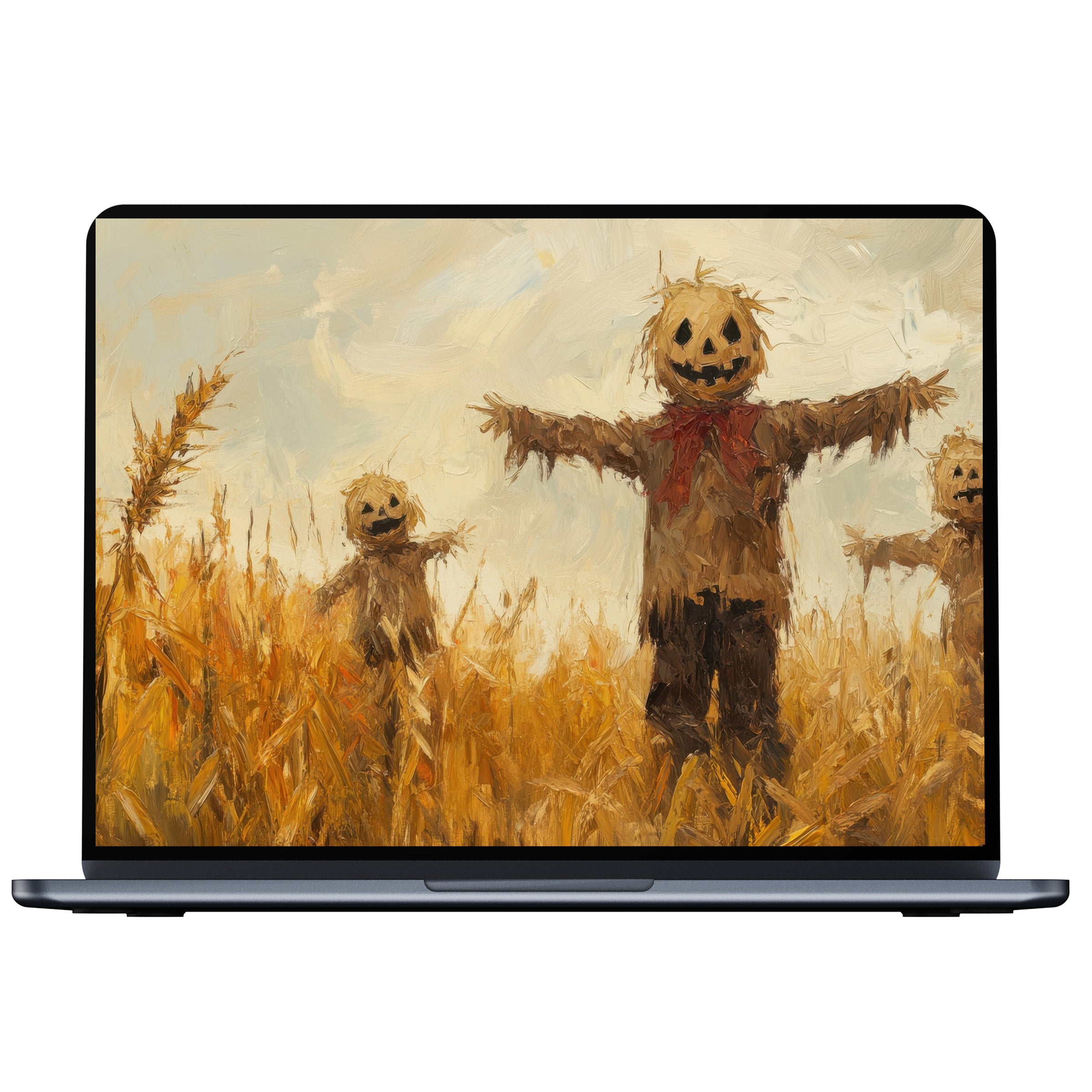 Halloween desktop wallpaper with painterly scarecrows in a golden field inspires calm elegance on PC or laptop digital download
