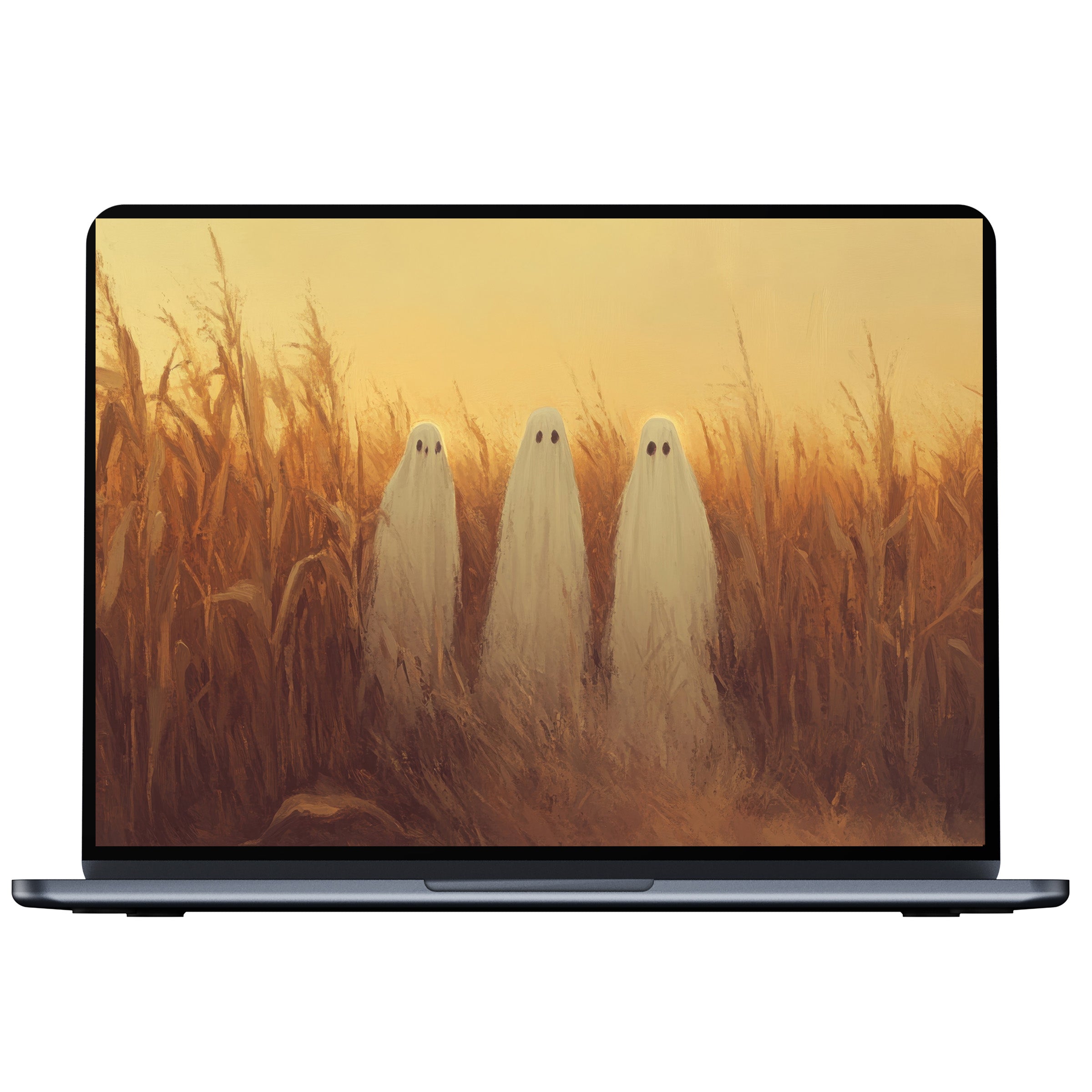 Halloween desktop wallpaper with three white ghosts in an amber field, offering calming elegance for digital download on PC and laptop