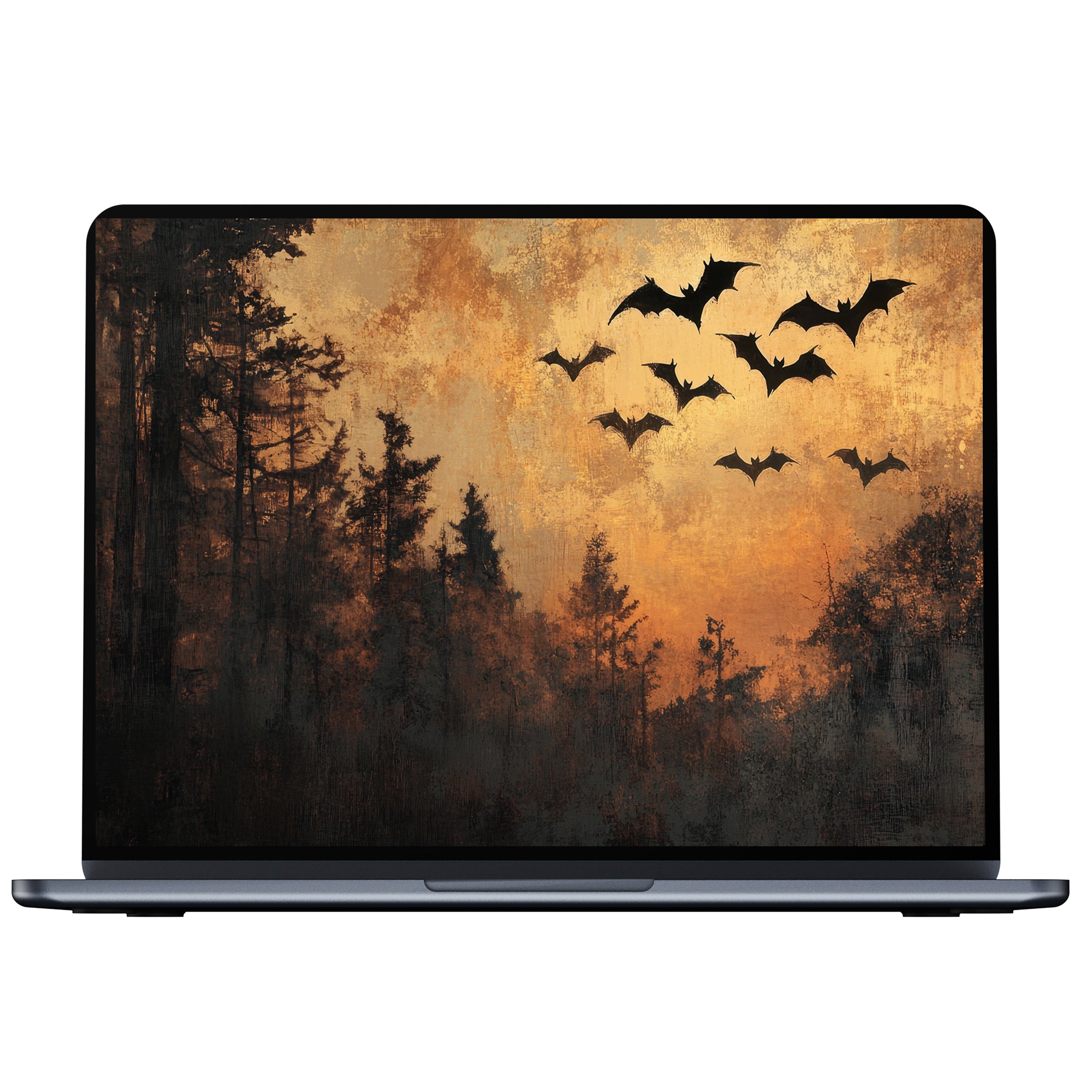 Elegant halloween desktop wallpaper digital download for PC or laptop featuring bats over a tranquil, misty forest at dusk