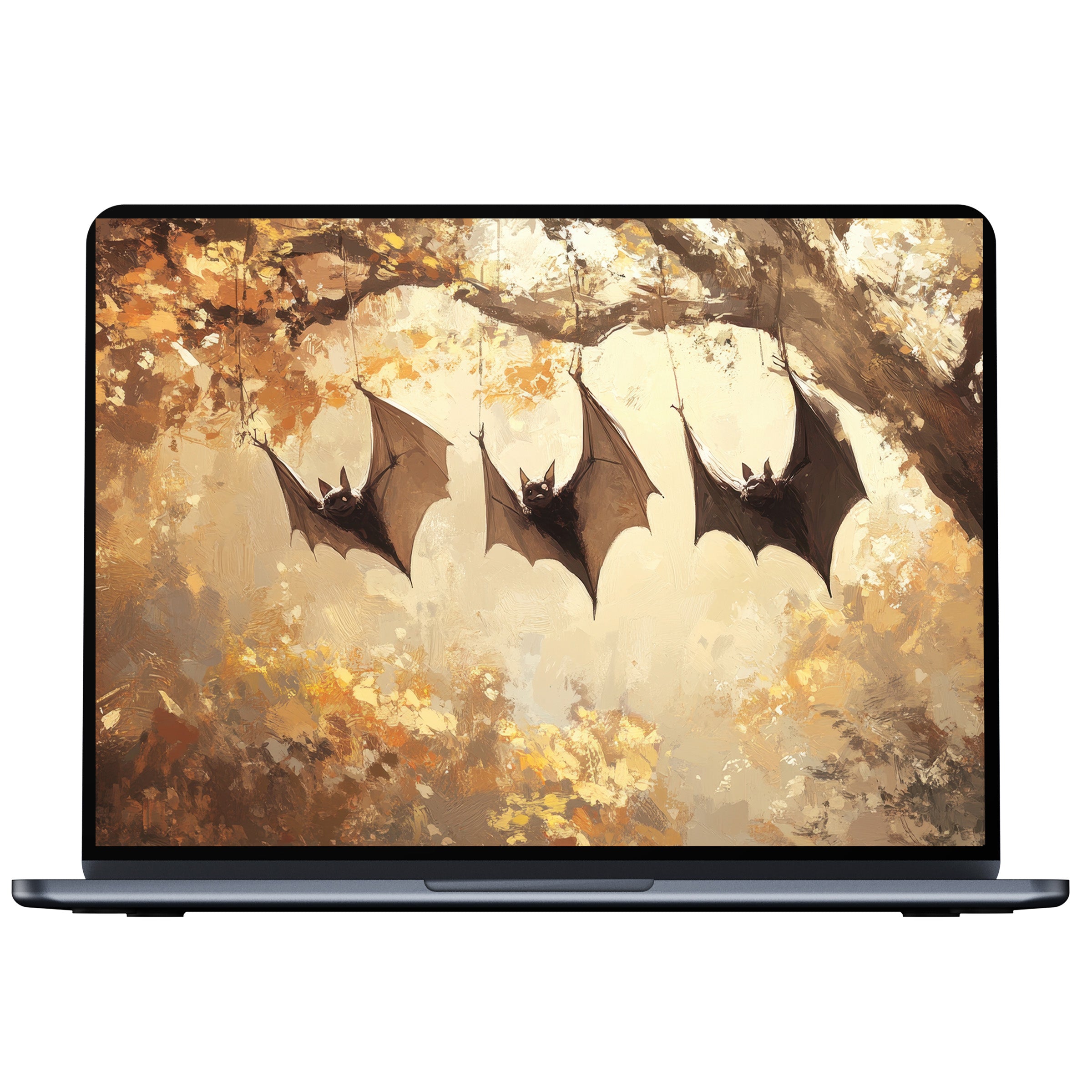 Elegant halloween desktop wallpaper featuring artistic autumn leaves and bats, ideal digital download for PC, Laptop, Mac users seeking calm inspiration