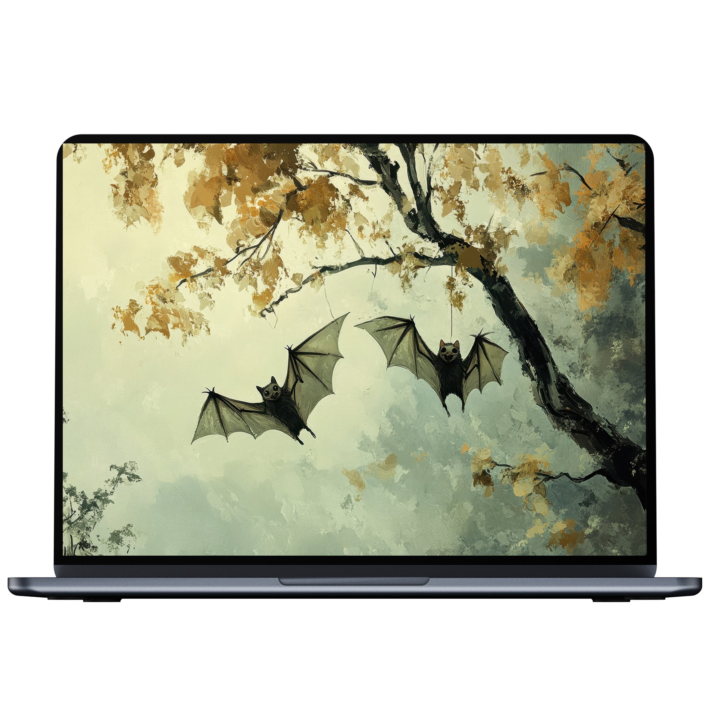 Elegant Halloween desktop wallpaper with bats against a moody sky and autumn leaves, digital download for PC and laptop bliss