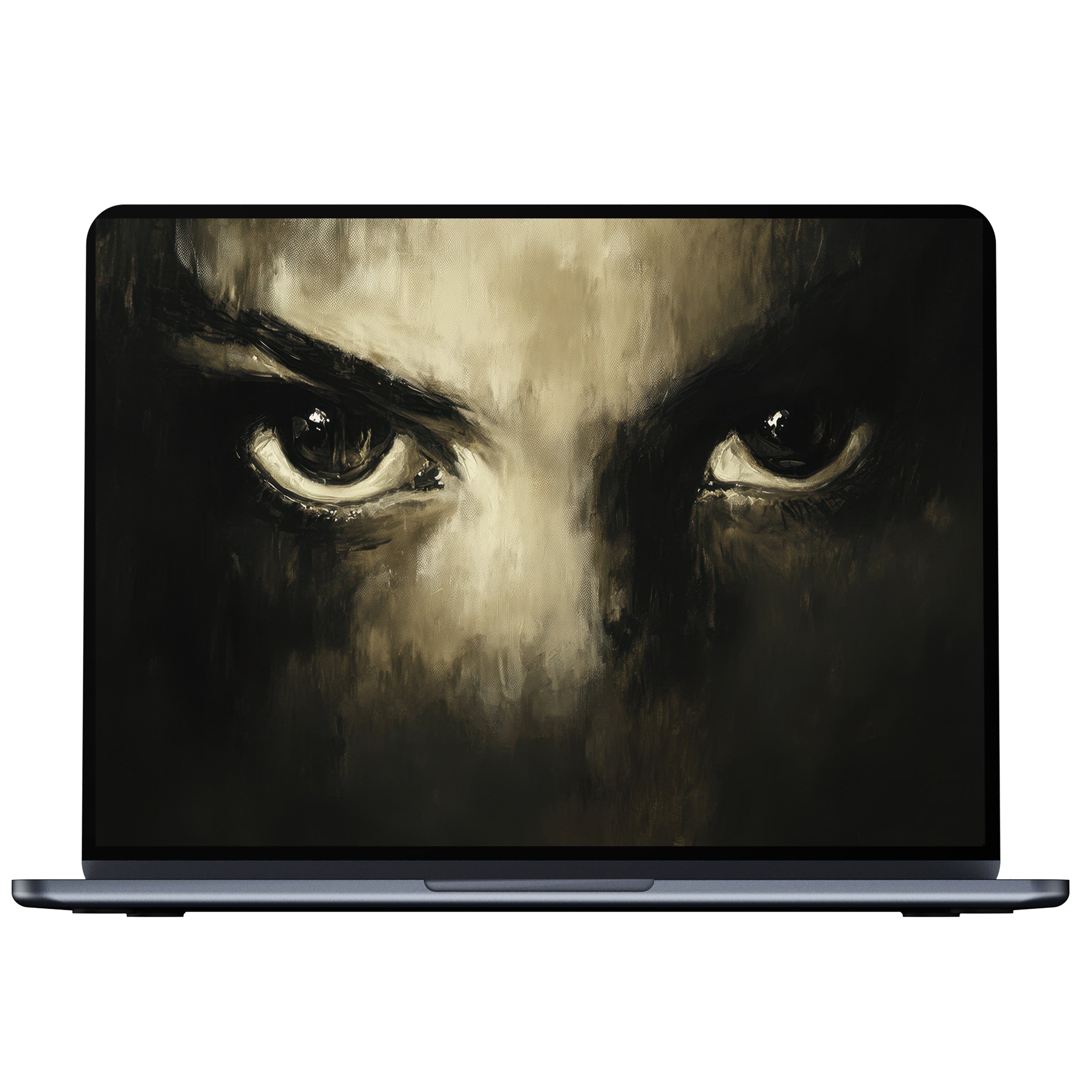Mysterious Halloween desktop wallpaper featuring haunting eyes in dark tones, available as a digital download for PC, laptop, and Mac