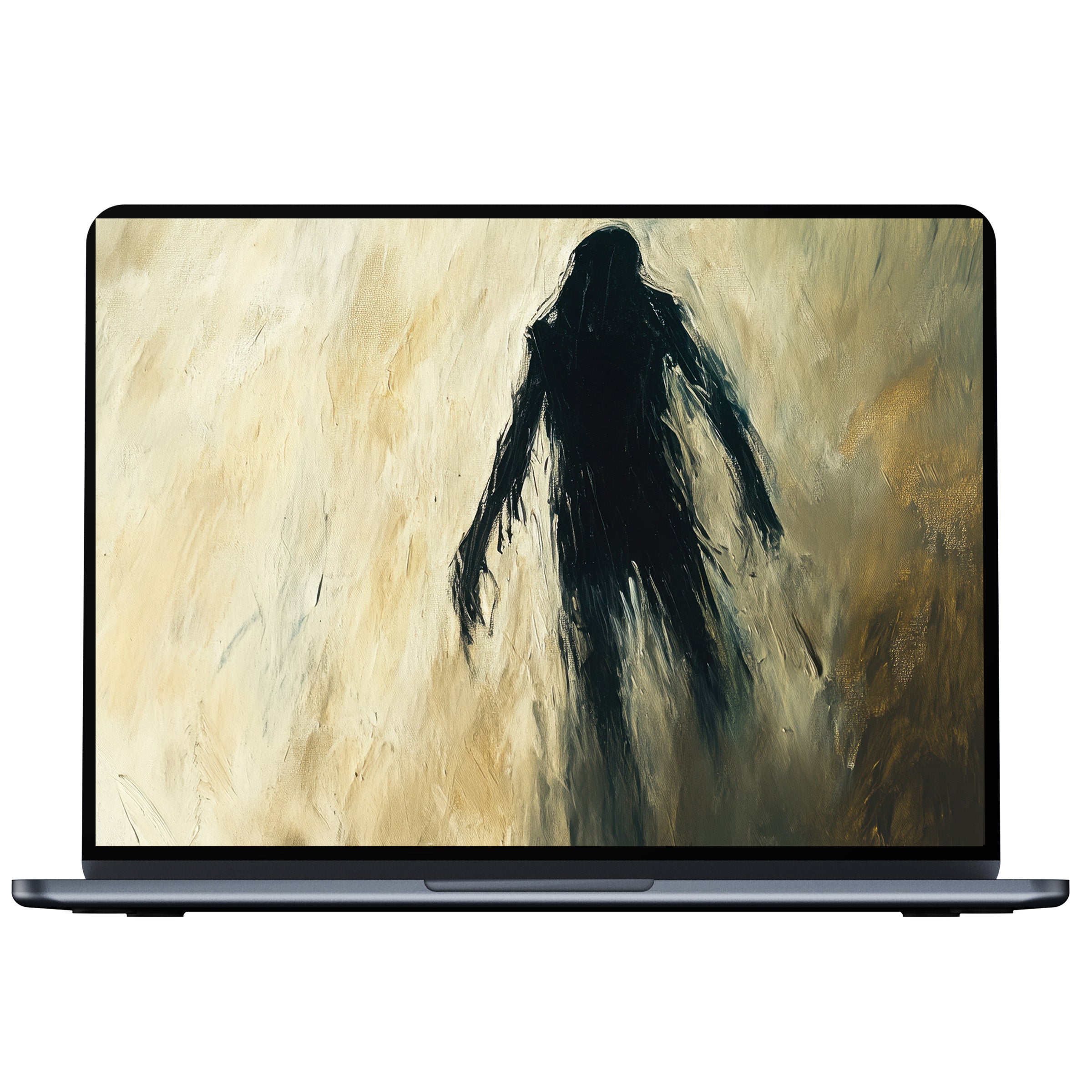 Halloween desktop wallpaper with haunting silhouette in abstract brushstrokes offers calm elegance for PC and laptop digital download