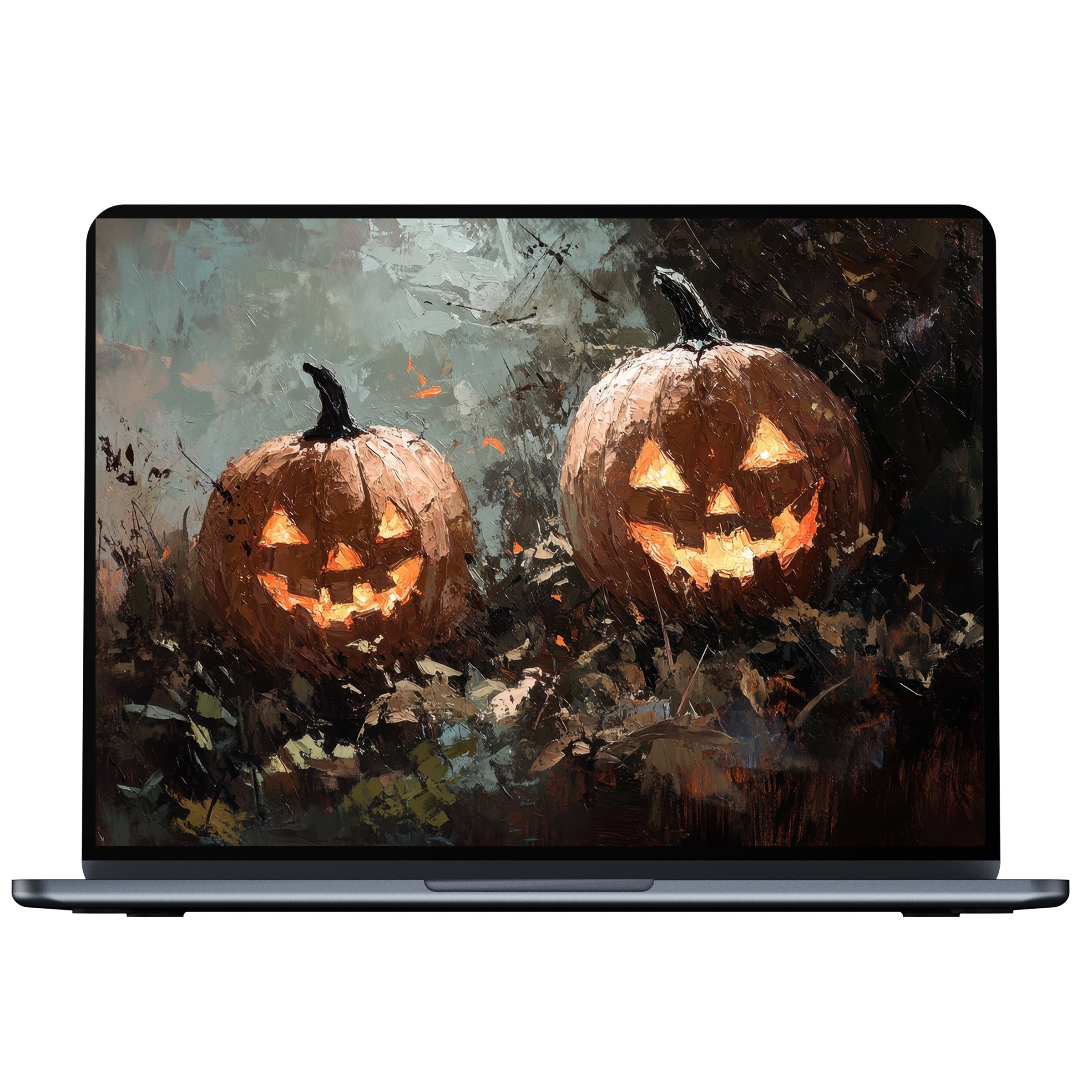 Halloween desktop wallpaper featuring glowing jack-o'-lanterns on textured dark background, perfect digital download for PC and Laptop