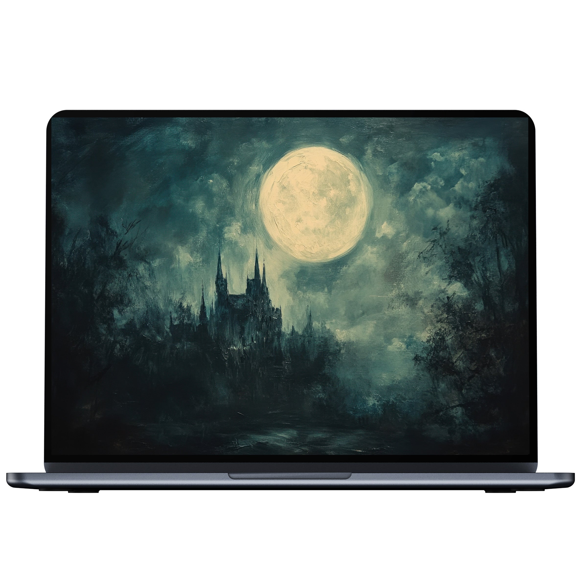 Halloween desktop wallpaper featuring a mystic castle under a full moon for elegant digital download; fits PC, Laptop, Mac