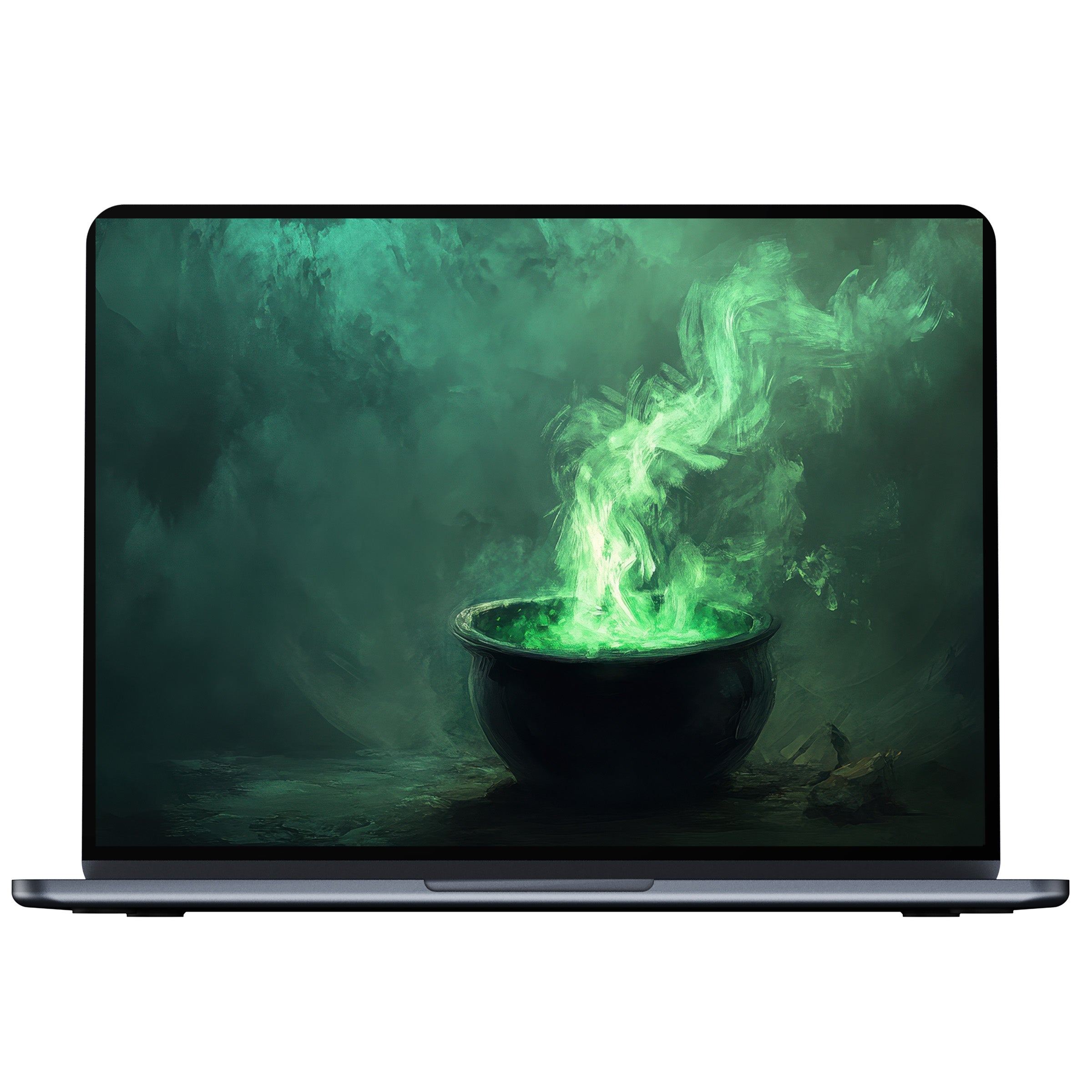 Enchanting halloween desktop wallpaper with green glow from a cauldron offers calm inspiration, digital download for PC and laptop