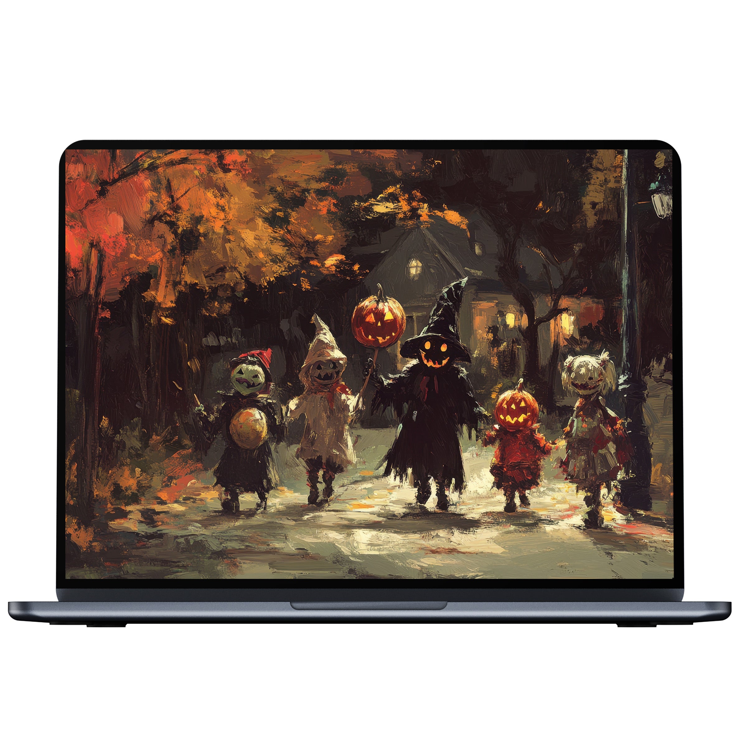 Halloween desktop wallpaper featuring eerie costumed figures in a haunting, autumnal palette offers calm and elegance for PC, laptop, Mac digital download