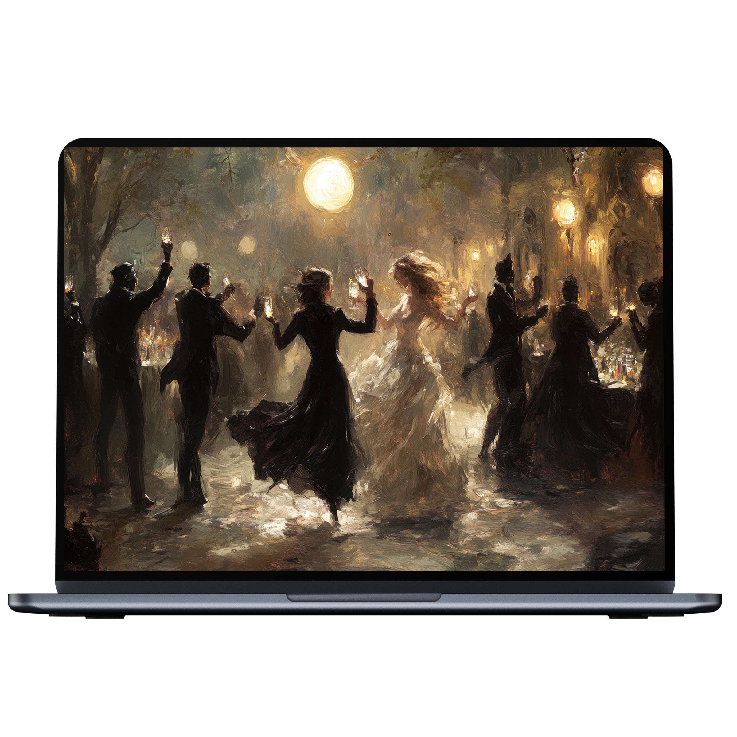 Elegant Halloween desktop wallpaper with ethereal dancers under moonlight painting, perfect digital download for PC, Laptop, and Mac