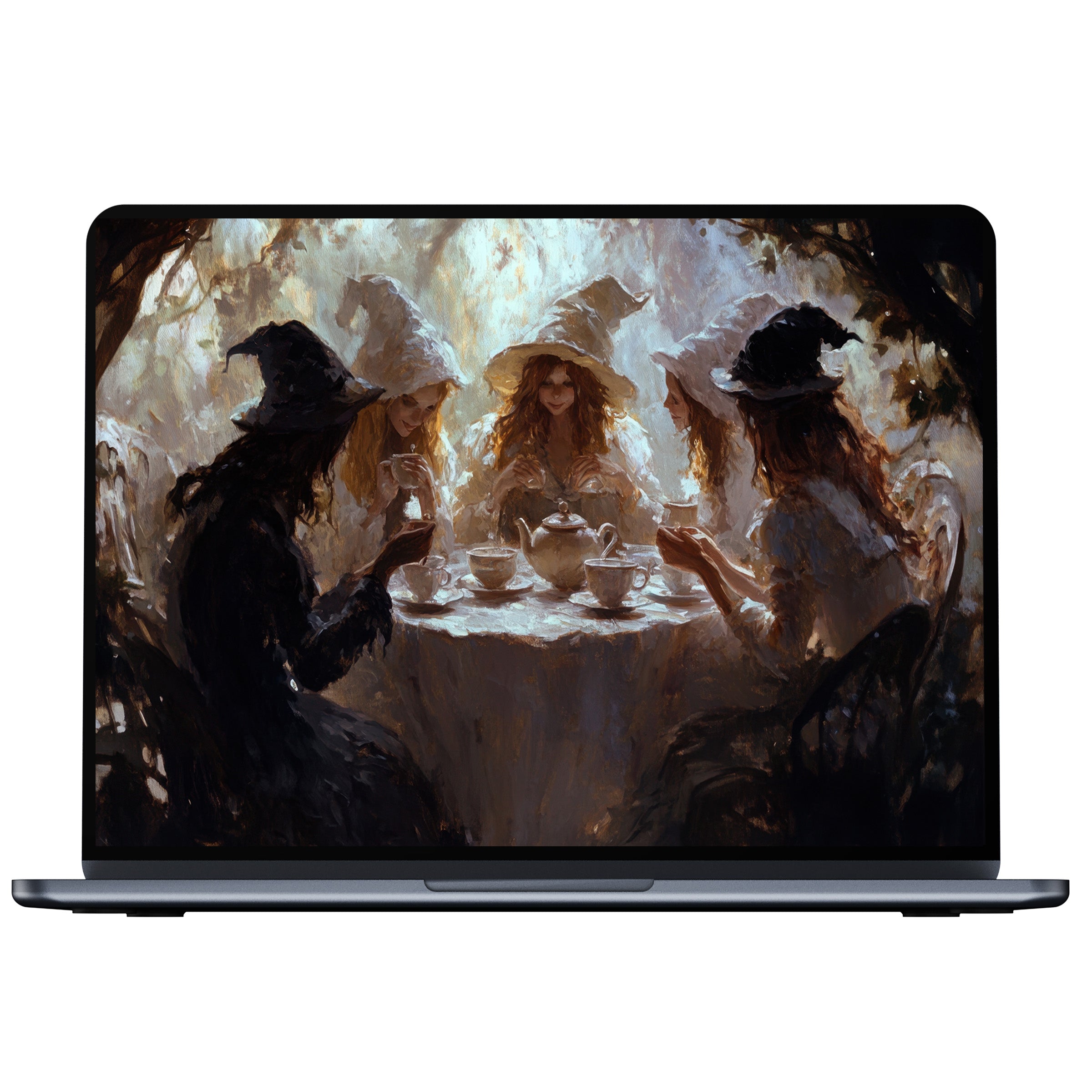 Elegant Halloween desktop wallpaper featuring witches sharing tea in soft, painterly hues ideal for PC or laptop digital download